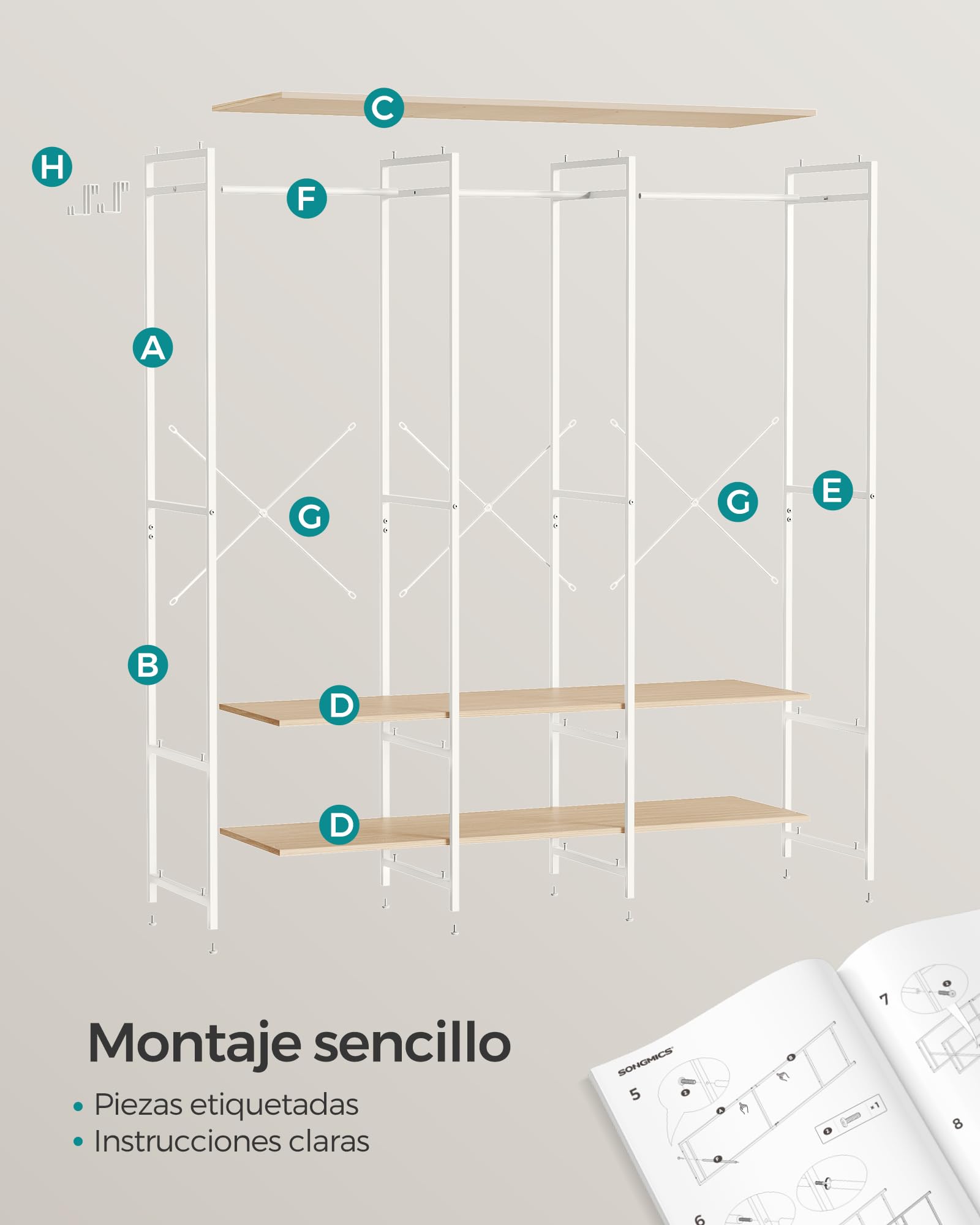 SONGMICS Armario de Ropa Portátil, Armario Plegable, Perchero, Organizador Armario, con Barras de Colgar, Estantes de Almacenamiento, Ganchos Extraíbles, 40 x 141 x 180 cm, Beige Natural RGR005W67