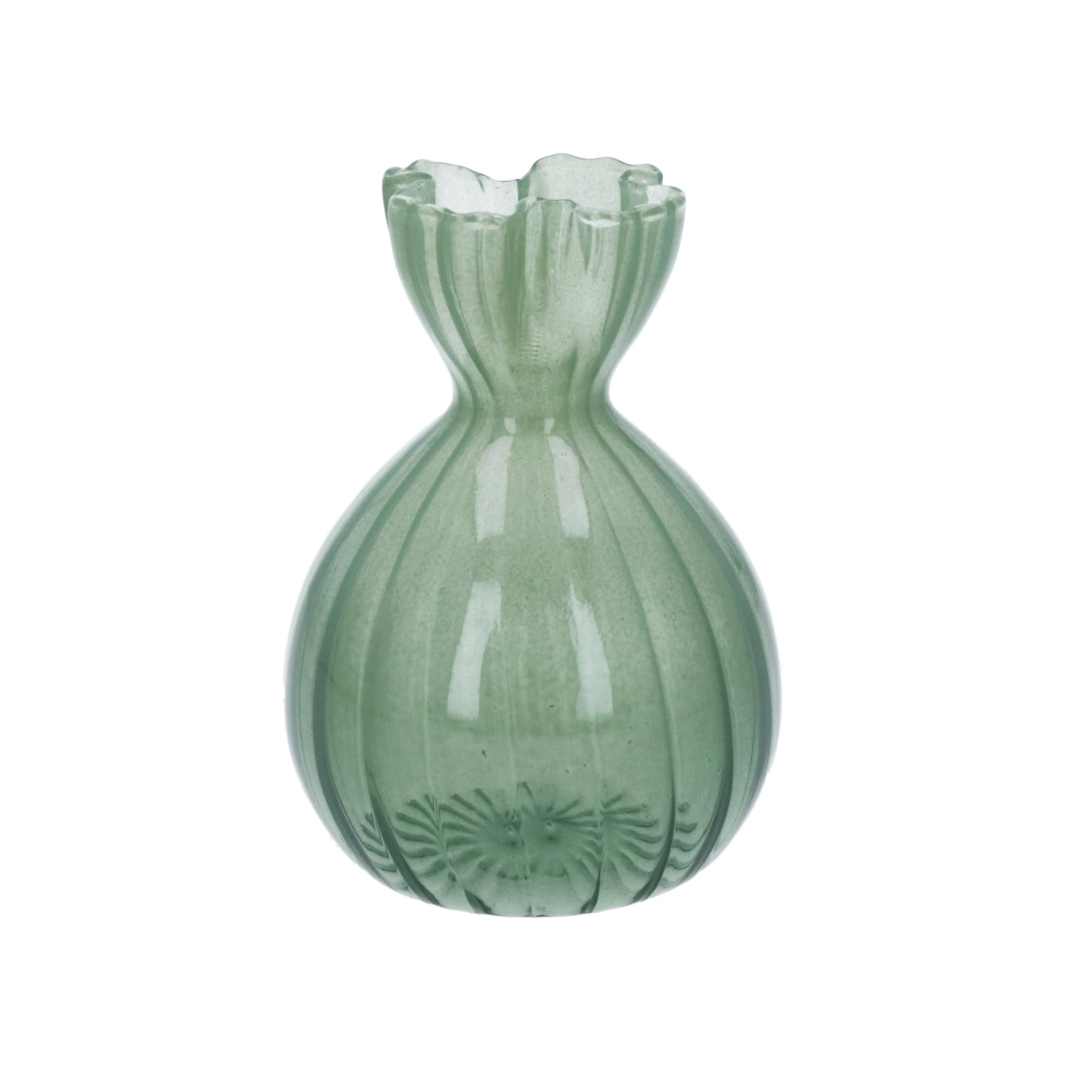 Gisela Graham Frill Top Glass Bud Vase, Green, Ribbed, 11cm