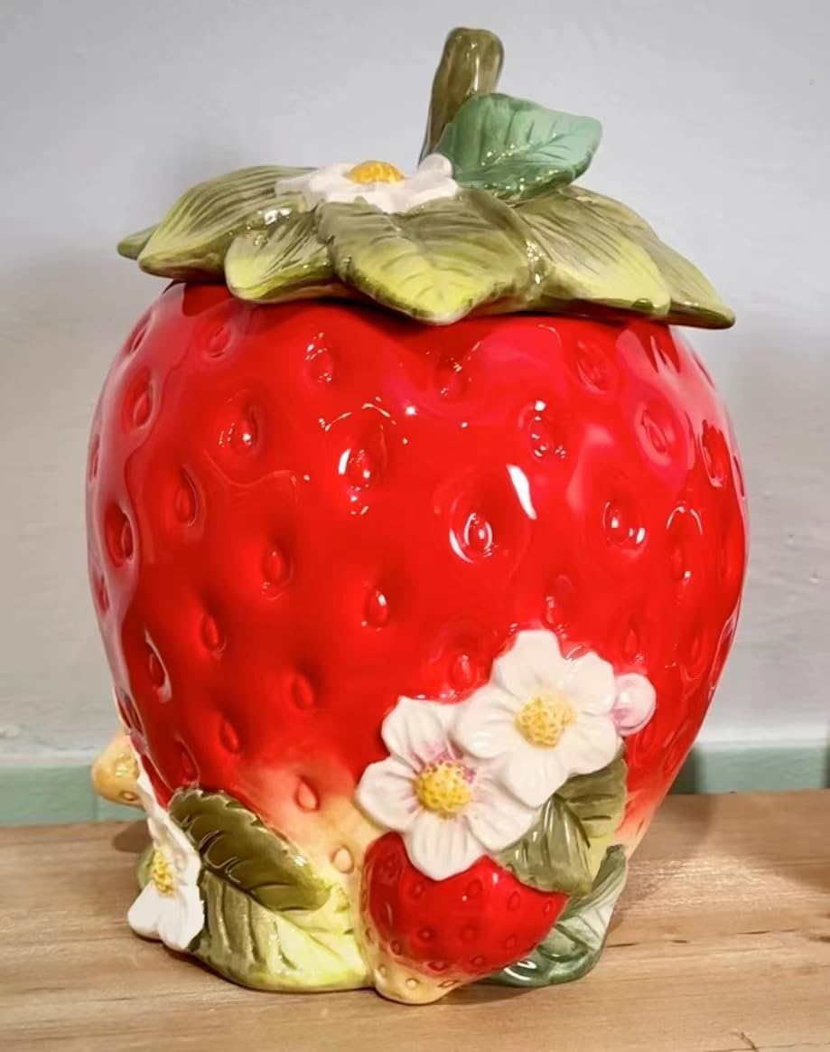 PEHOSTCeramic Strawberry Shaped Cookie Jar with Floral Design, 9.6" Height, Large