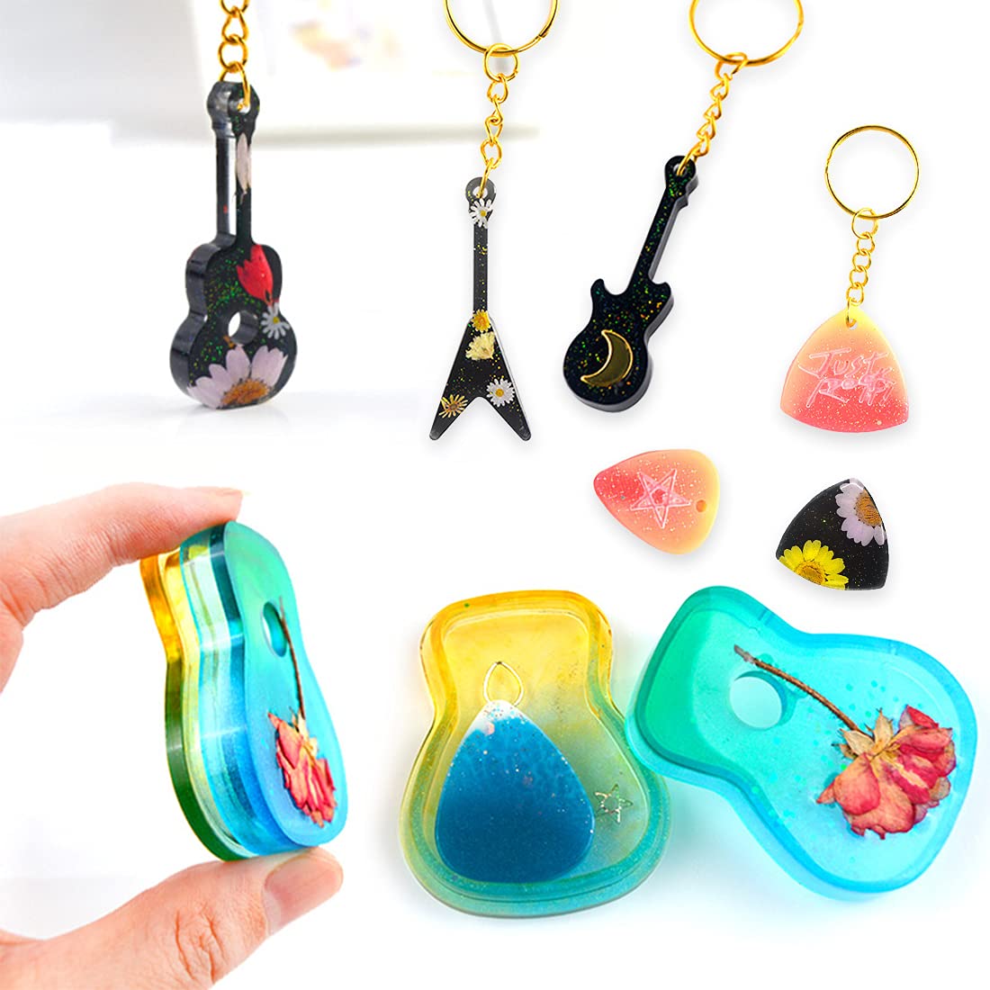 xbiez Stampi decorativi in silicone lucido fiore chitarra ornamento portachiavi stampo fai da te ciondolo gioielli resina epossidica stampi artigianali