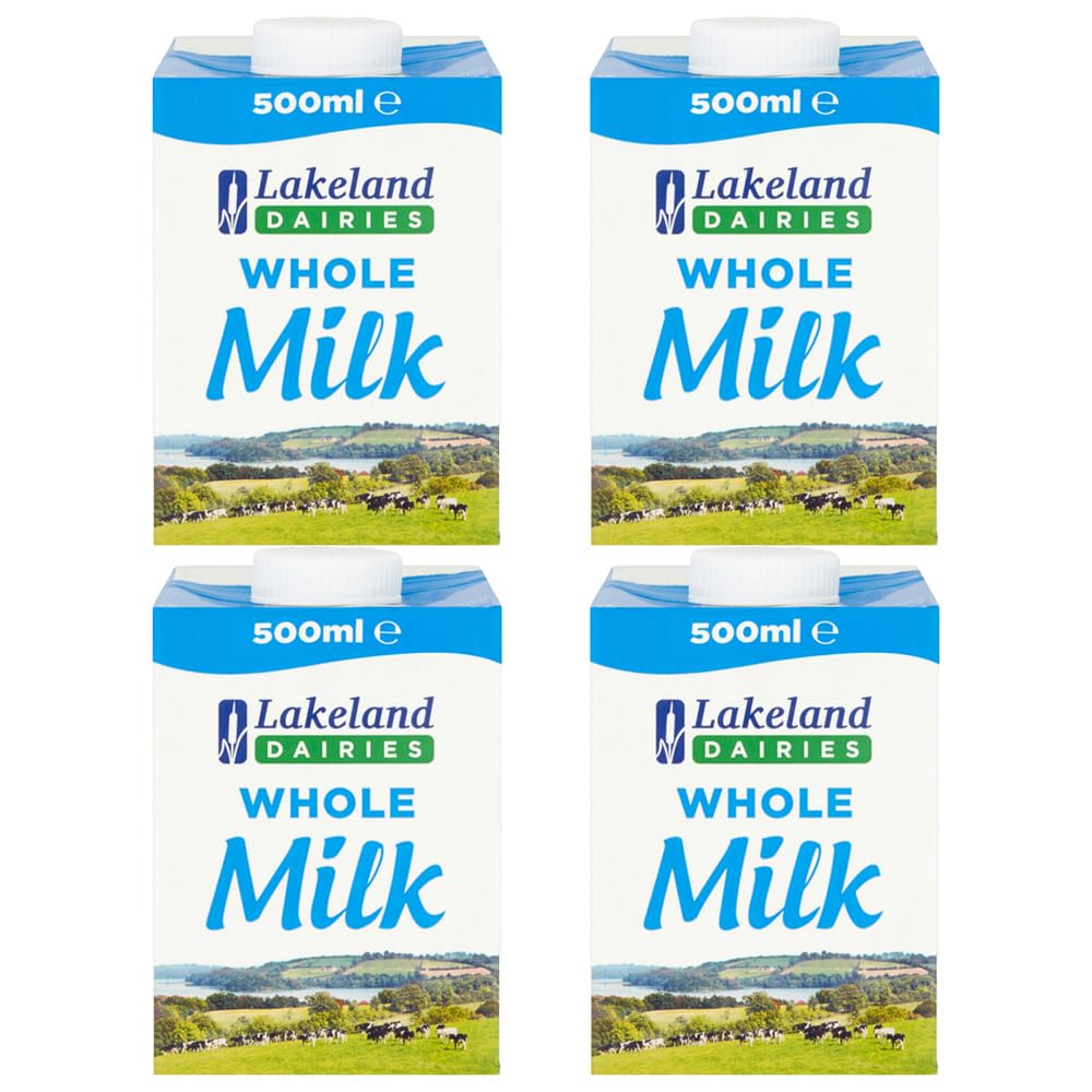 Lakeland UHT Whole Milk 500ml Pack of 4 Full Fat 3.5% Long Shelf Life Calcium Dairy Drink Screw Top Multipack Catering Hospitality Office Pantry with Welari Thank You Card | (4pack) (2000ml)