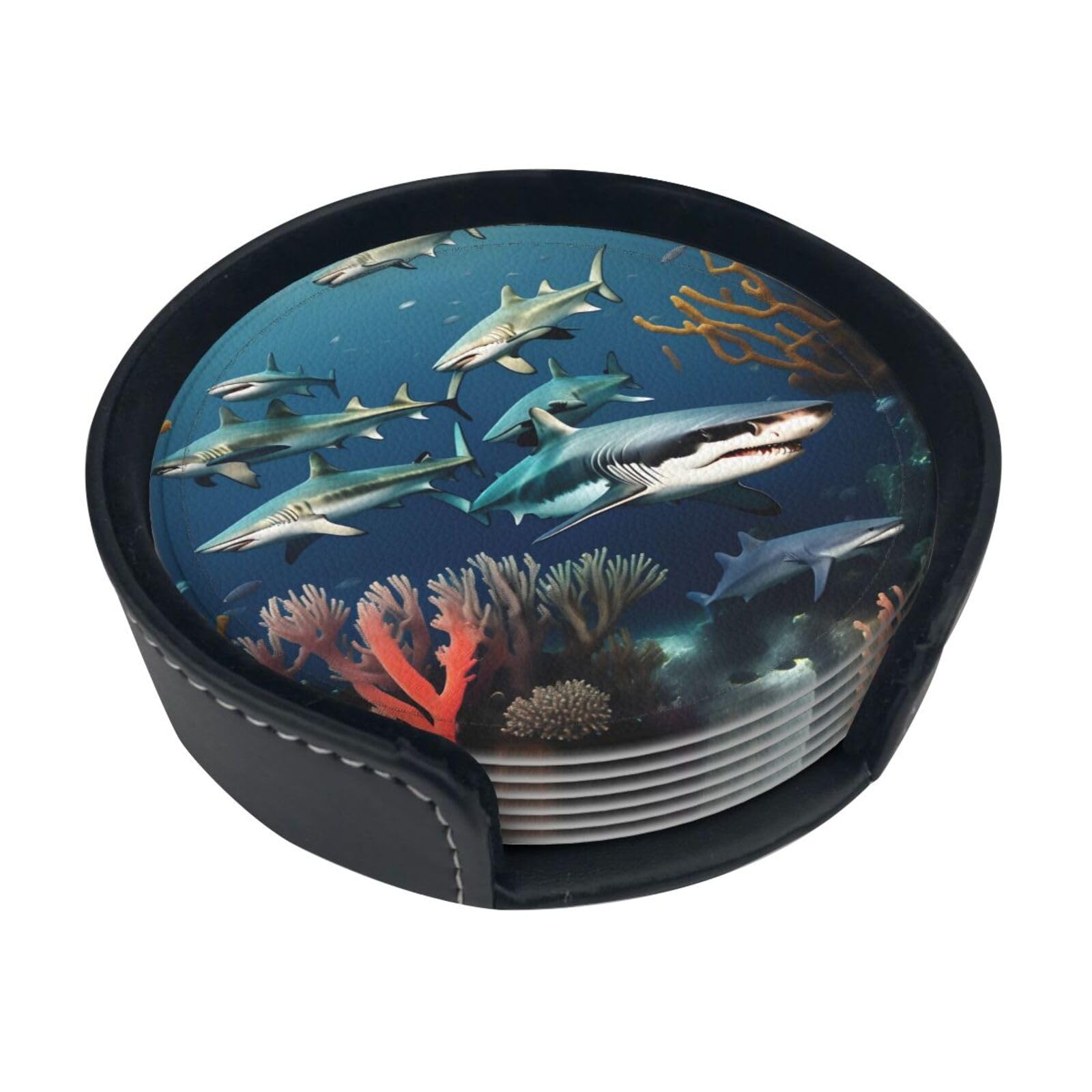 Cntdbu White Sharks Under The Sea Leather Coasters Set Of 6-Pu Leather Drink Mats For Table, Heat Resistant Round Coasters With Holder