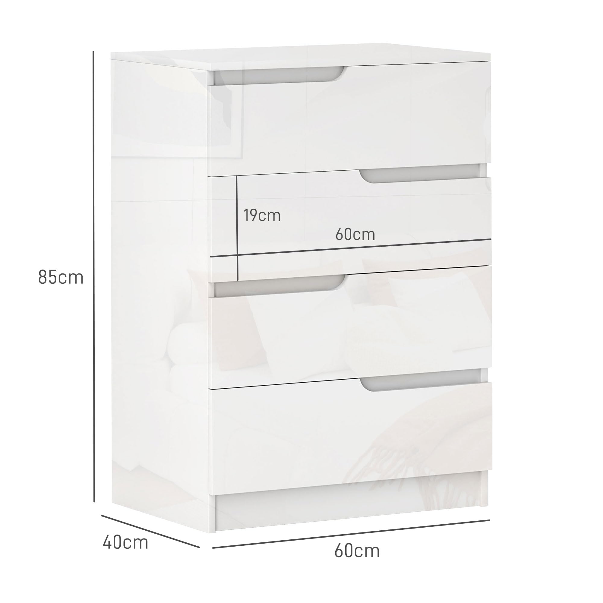 HOMCOM Cassettiera Camera da Letto con 4 Cassetti, Comò Camera da Letto in Legno, per Soggiorno Corridoio Ingresso, 60x40x85 cm, Bianco Lucido
