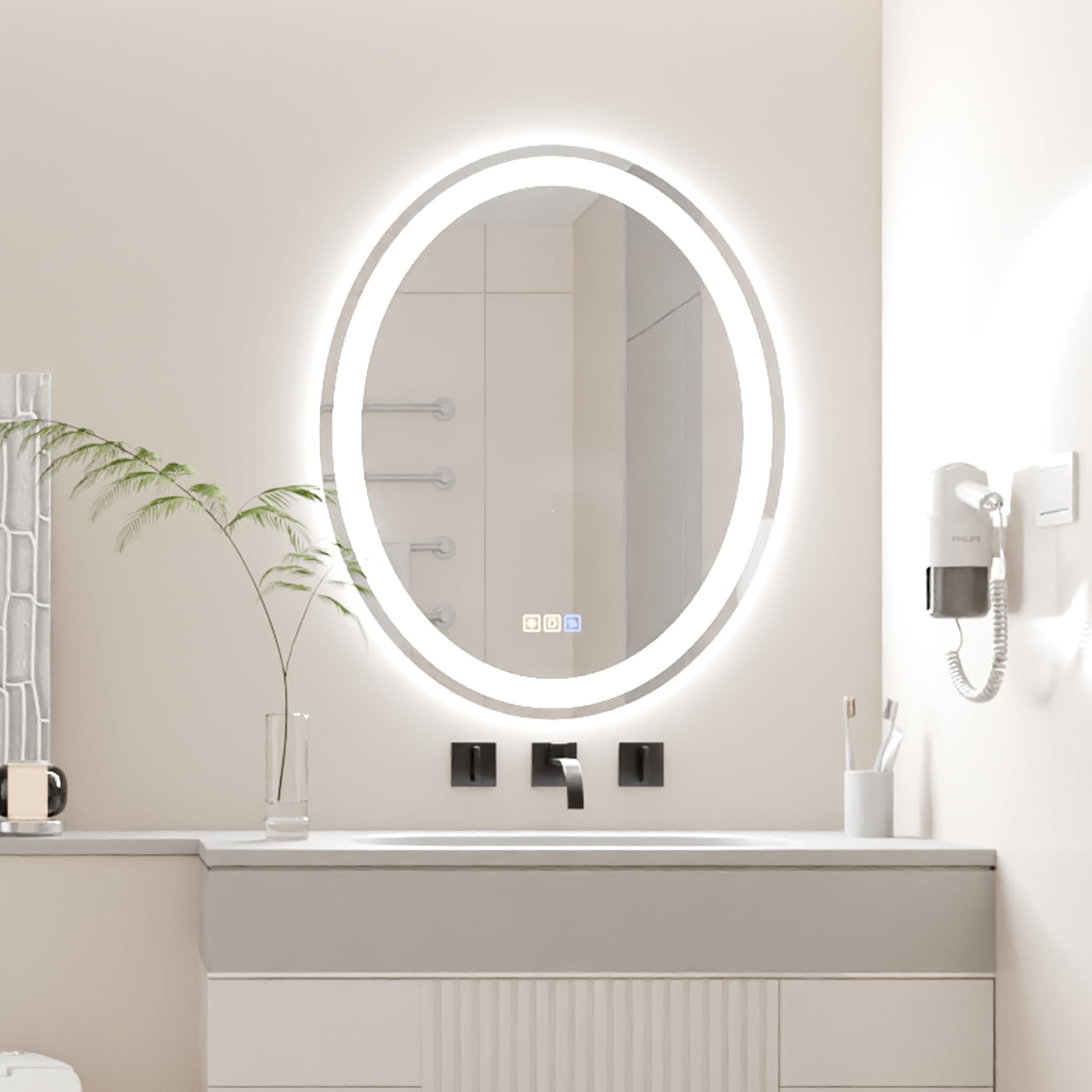luminorcrest Badspiegel mit Beleuchtung,Oval 50X70cm,Wandspiegel LED Badspiegel,3 Lichtfarben Dimmbar,mit Touch,Antibeschlag,CRI90+,Gehärtetes Glas,Seiten-und Rückenlicht