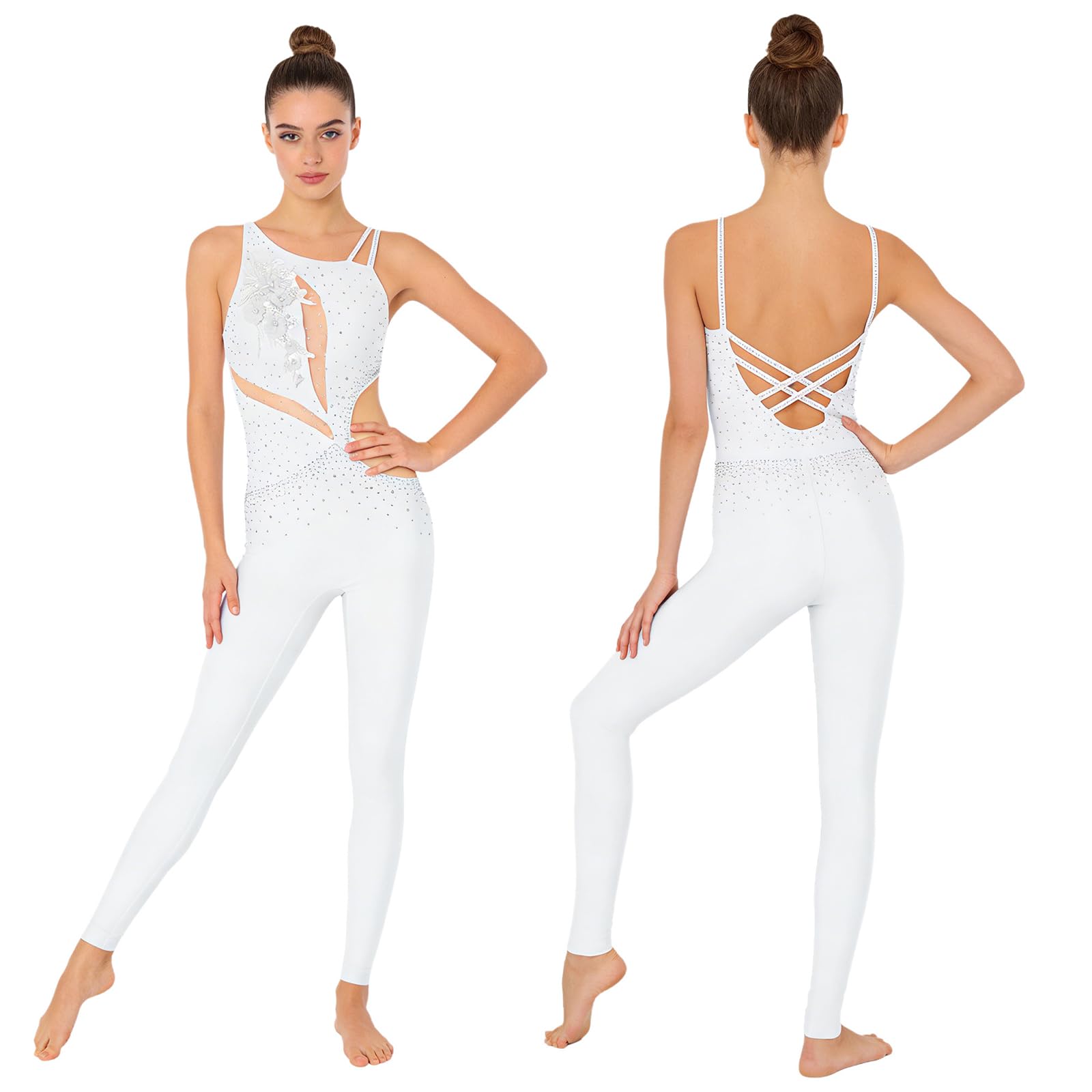 Femme Justaucorps Gymnastique Strass Combinaison Danse Classique Ballet Body Patinage Artistique Jumpsuit Sport Gym