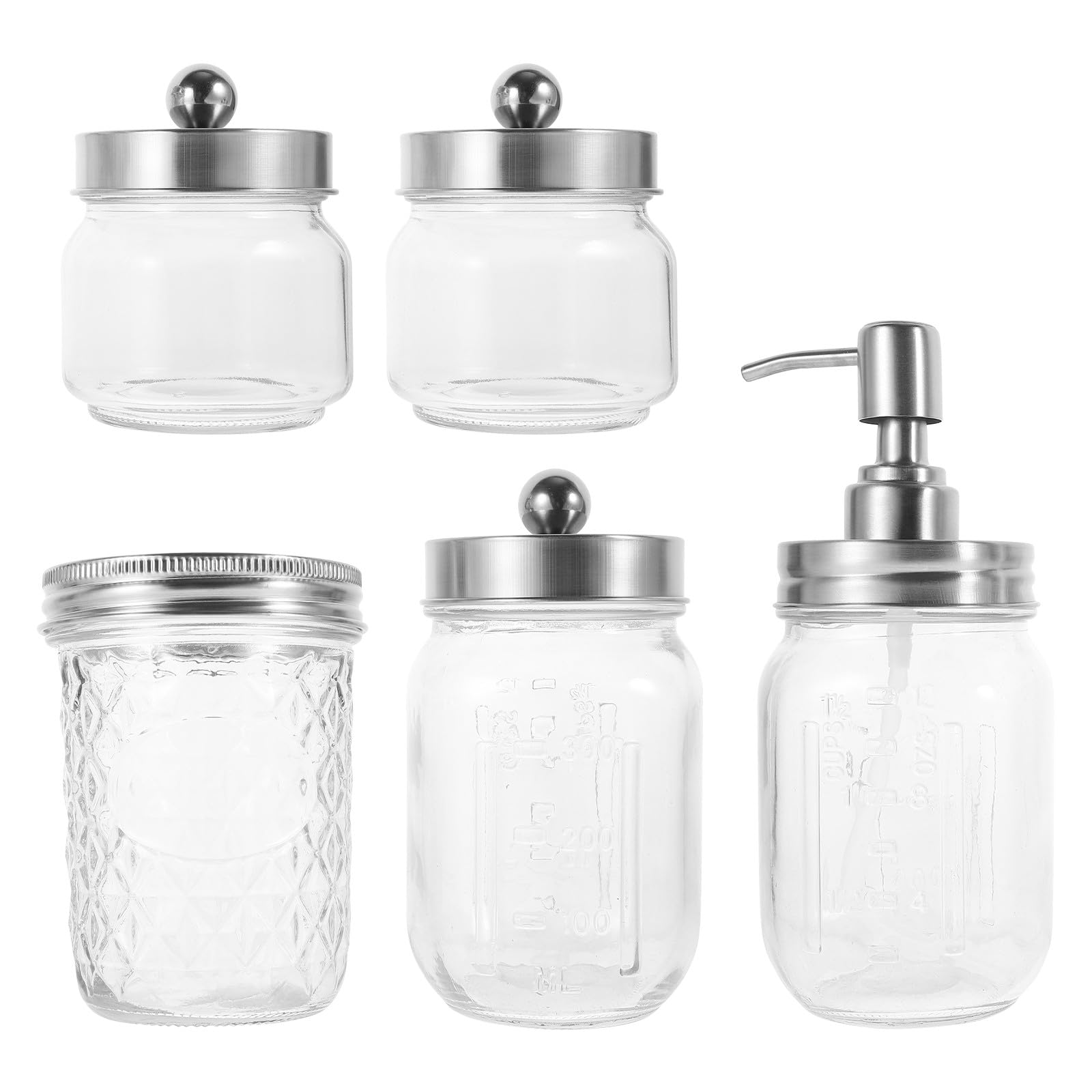 BESPORTBLE Juego de Accesorios de Baño 5 Piezas Frasco Mason Dispensador de Jabón Espumoso de ABS y Vidrio Soporte para Cepillos de Dientes y 3 Contenedores para Hisopos Color Plateado