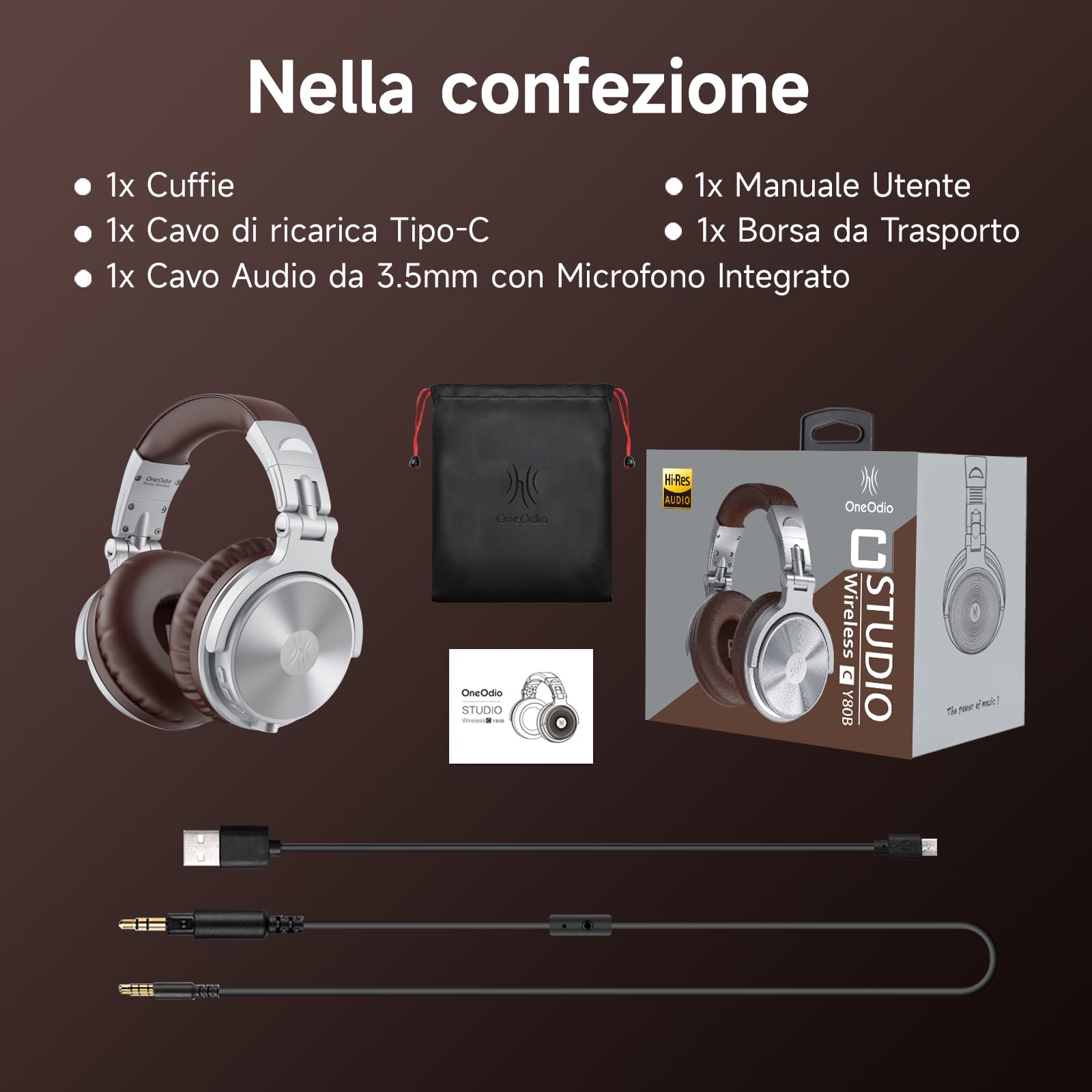 OneOdio ProC Bluetooth Cuffie senza fili e modalità cablata, 110 ore di utilizzo, cuffie audio con microfono, Hi-RES audio, cuscinetti in proteine morbide, extra bassi, comode leggere pieghevoli