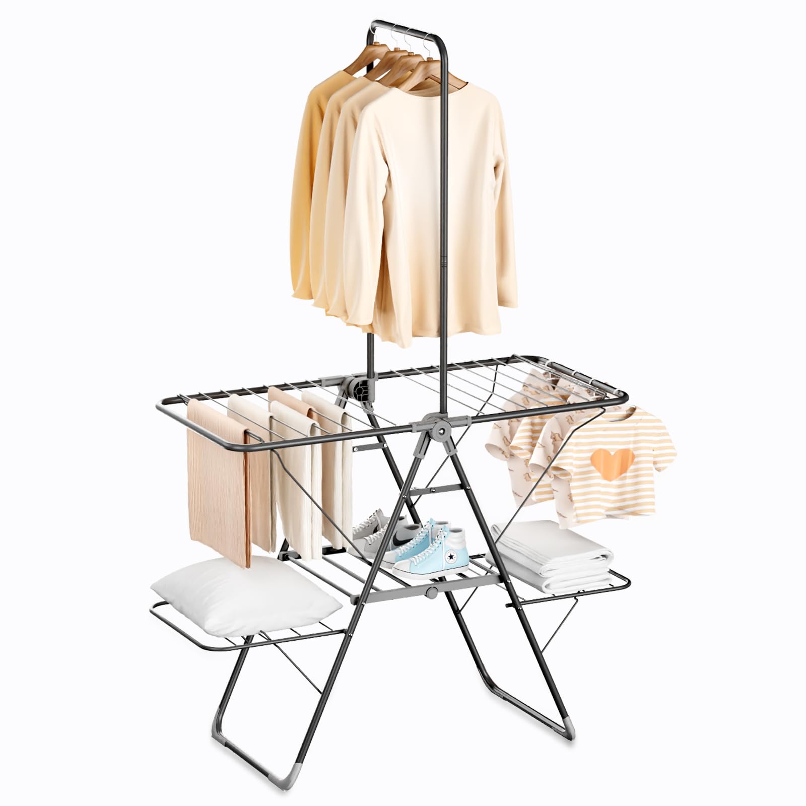 Bigzzia Clothes Drying Rack Foldable, 67.13Inch High Hanger Laundry Drying Rack with 4 Height-Adjustable Wings, Lightweight and Space Saving Clothes Airer for Apartments, Dorms, Camping, Gray