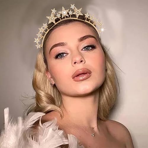 Miniatura 3 de CAKURE Diadema de corona con halo de estrellas, tiaras y coronas de estrellas de diamantes de imitación, diadema de María y diosa, accesorio para el