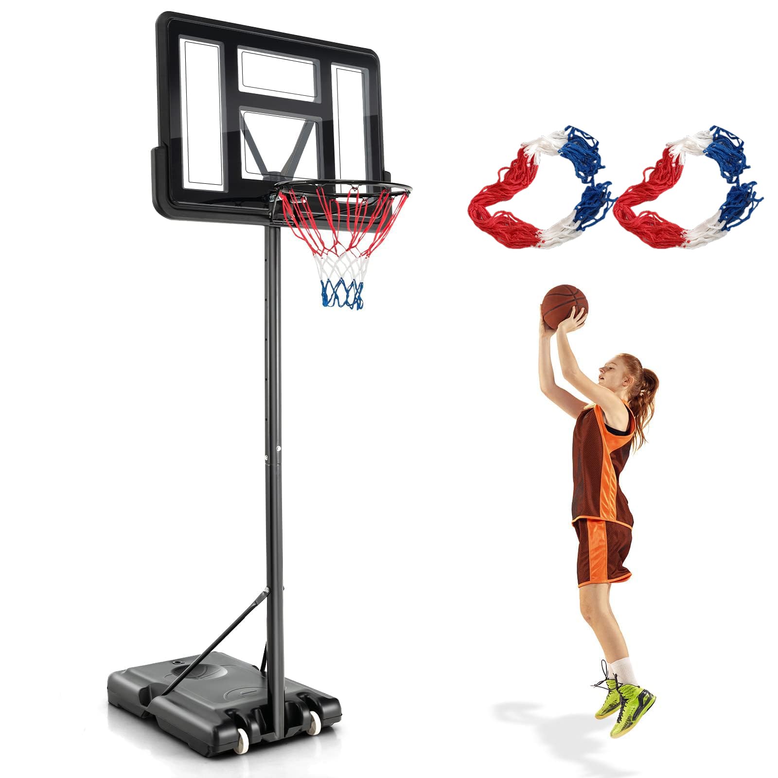 GYMAX Panier Basket Extérieur pour Enfants Adultes, Hauteur Réglable 135-305CM, Mobile avec Roues, Base Remplissable, 2 Filets Fournis, Panneau Arrière Incassable