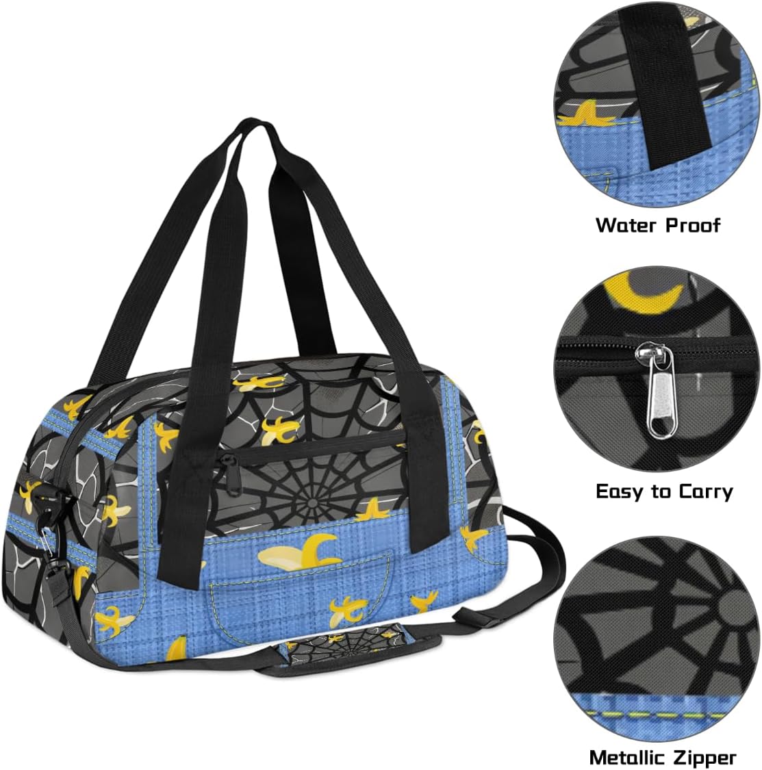 Gym Travel Duffle Bag for Boys - Gray Spider Web Banana Kids Overnighter Weekend Bag with Front Zipper Pocket for School Practice, Teens Carry-On Size Sleepover Bags - Image 3