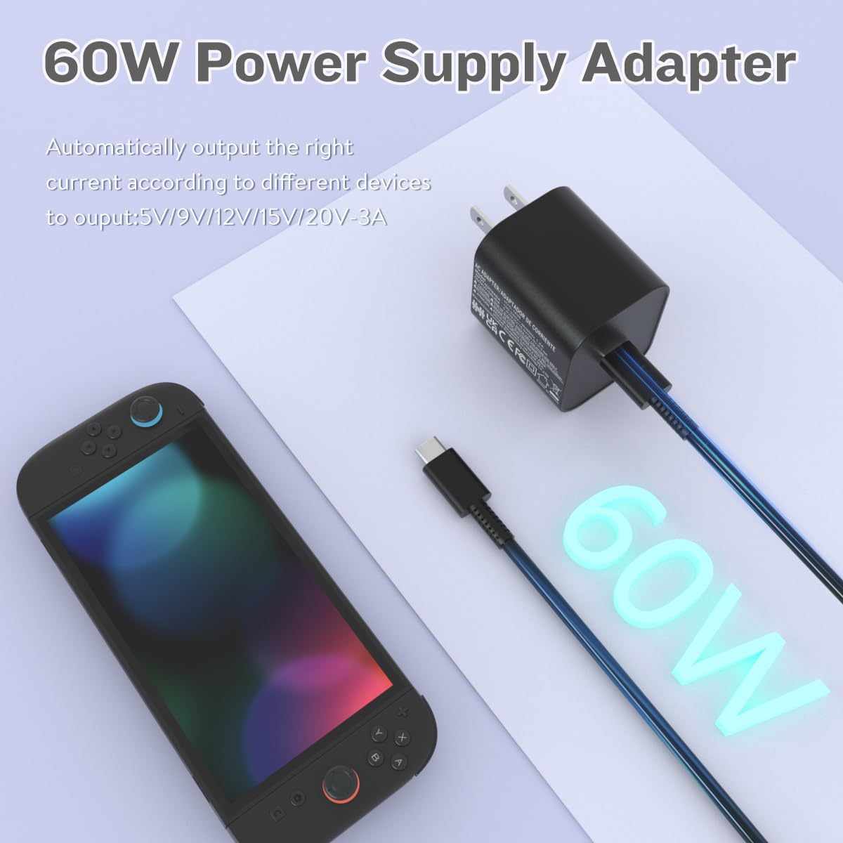 Switch Charger for Nintendo Switch2(2025),60W AC Power Supply Adapter Compatible Switch2/Steam Deck,Fast Charge Support Switch TV Dock Mode Output 20V3A with 5FT USB Type-C Charging Power Cord Cable - Image 3