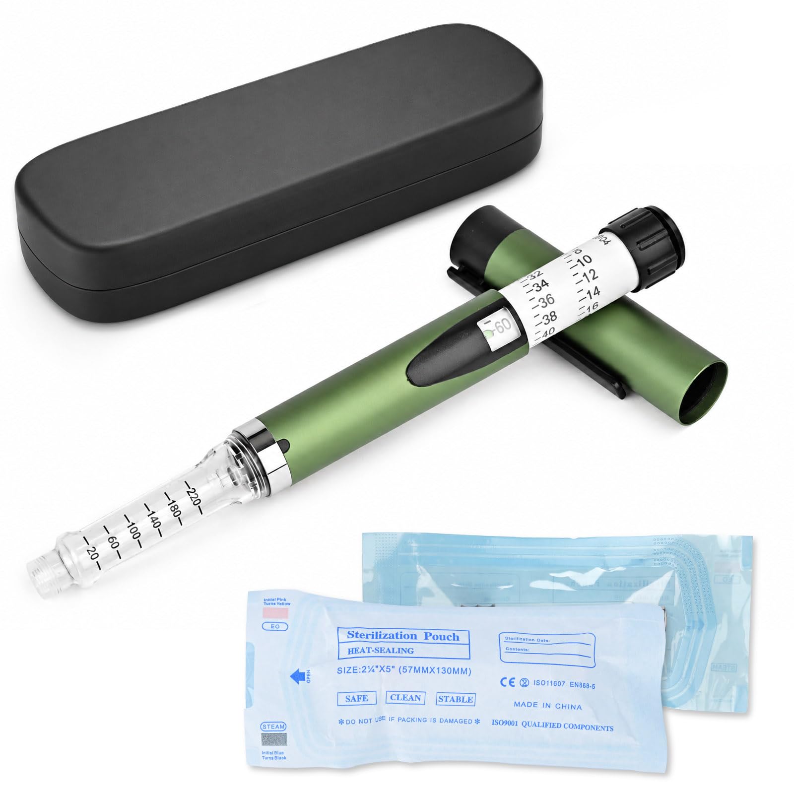 Pluma de insulina reutilizable, dial ajustable compatible, pluma portátil de 60 unidades con cartuchos de 3 ml, para uso diario y uso a largo plazo (verde)