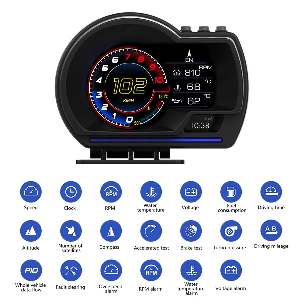Samochodowy wyświetlacz Heads Up, poziomy wyświetlacz pojazdu, OBD2 + GPS, z regulowanym uchwytem, prędkością, prędkością obrotową, wielojęzycznym wyświetlaczem, do wszystkich pojazdów