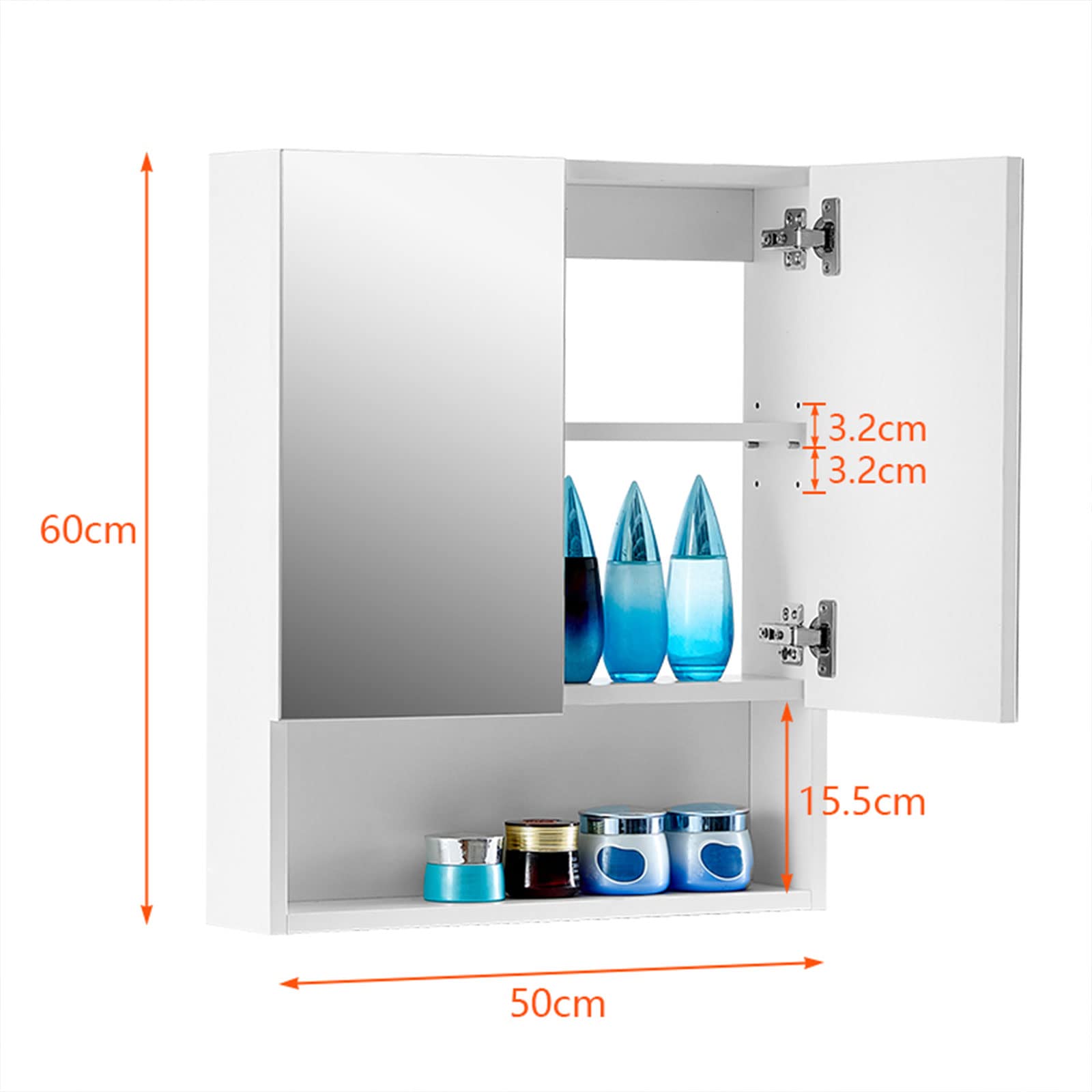 LEMROE Armoire de Salle de Bain Avec Miroir et 2 Portes - Rangement Avec Étagères Réglables - Murale en MDF (50 x 13 x 60 cm)