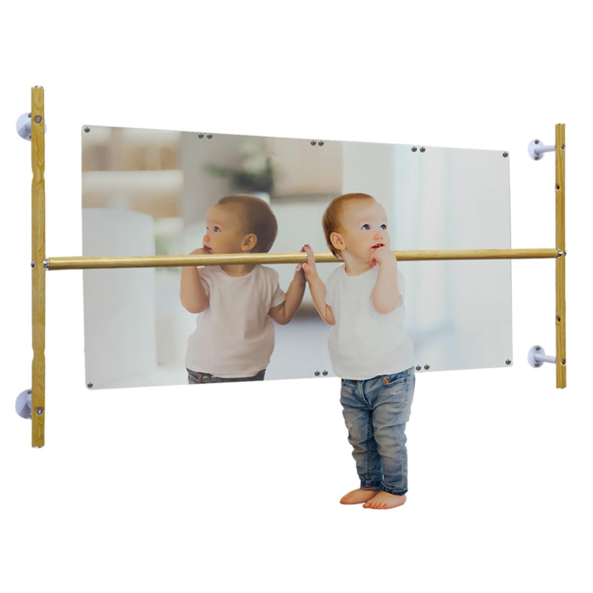 Montessori Coordination Set with Mat - Pull Up Bar and Mirror for Babies, Toddlers | Develop Motor Skills Self-Discovery | Hardware | Plexiglass Acrylic Safety Mirror & Power Coated Steel Bar