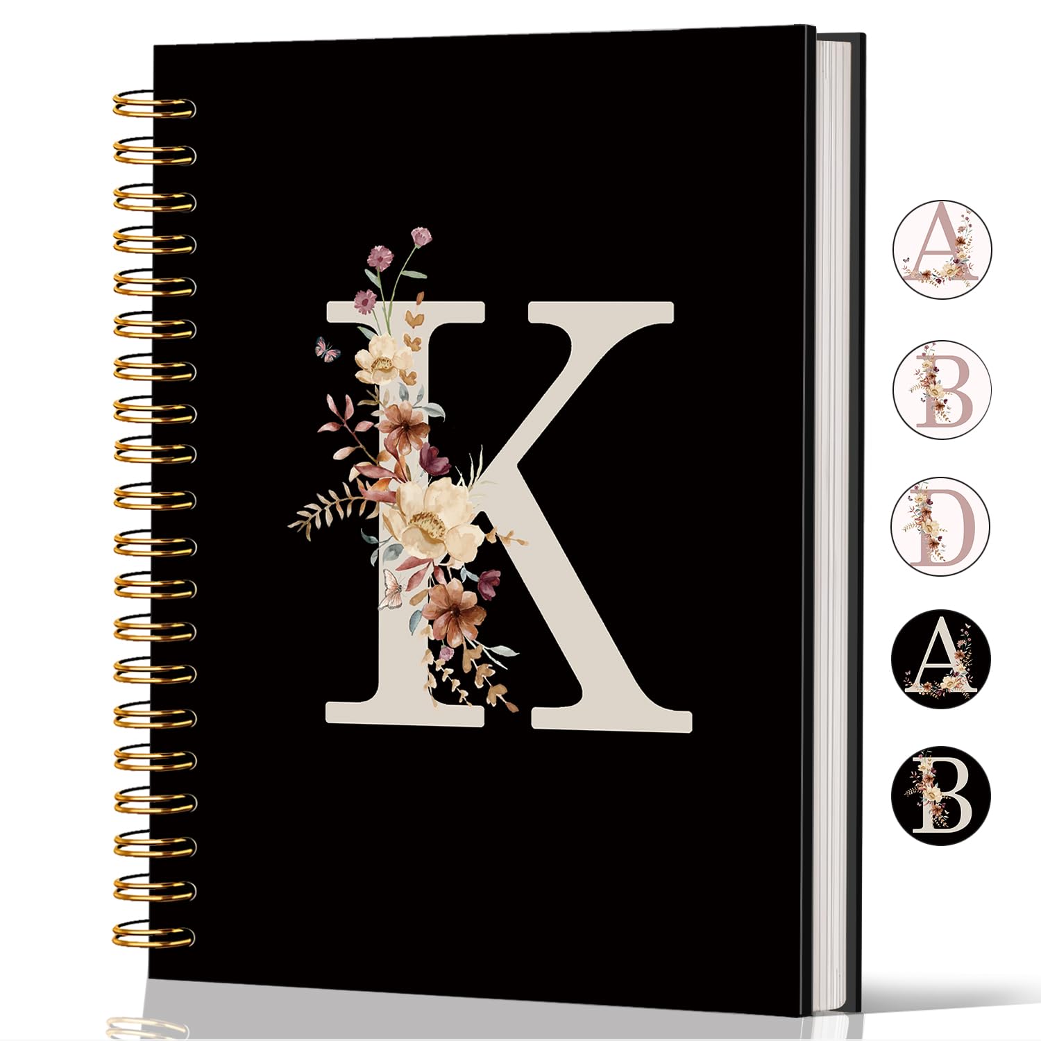 Lacama Cute Initial Letter K School Notebook Journal, Aesthetic Wildflower Personalized Black Spiral Notebook, School Supplies, Customized Monogrammed