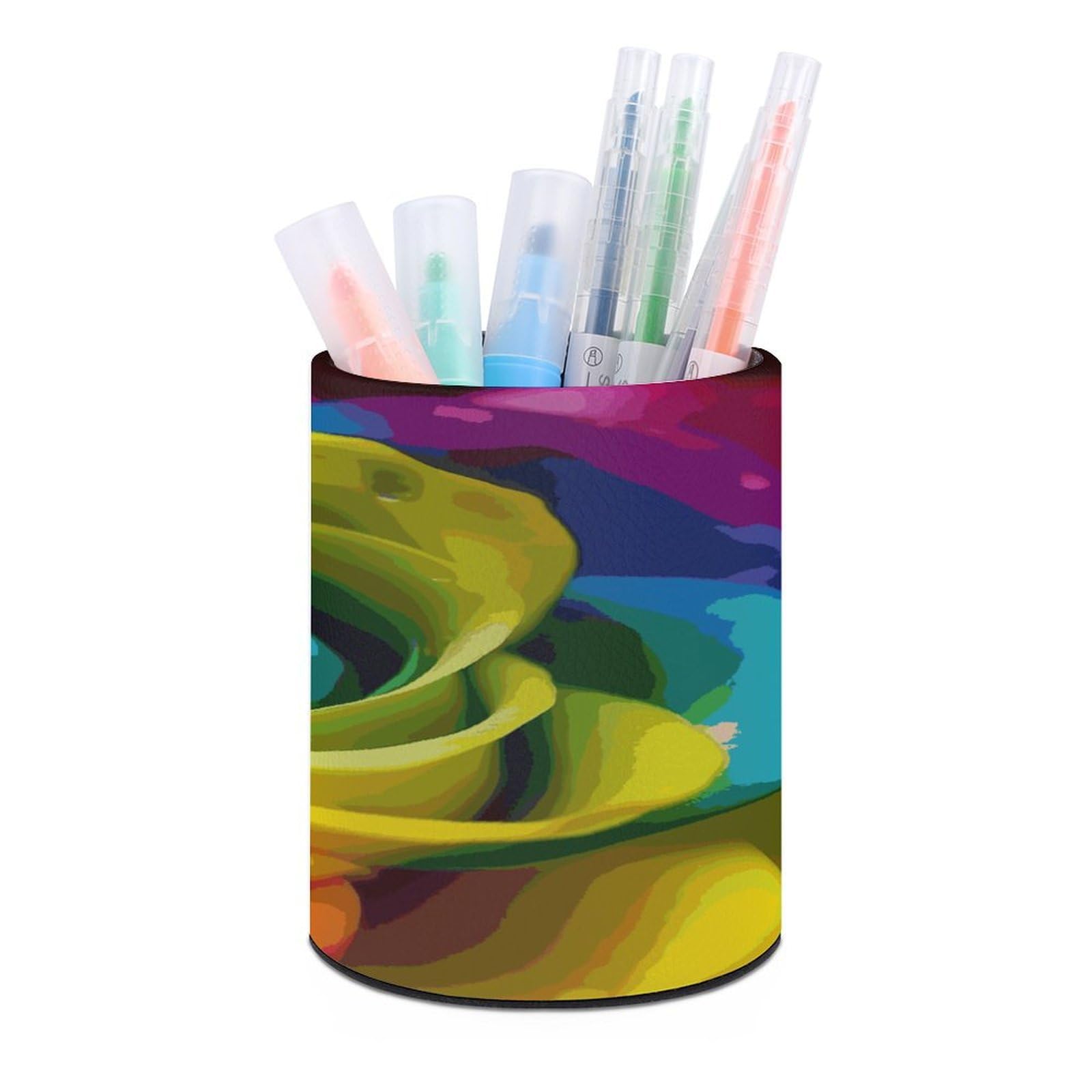 LDGSUPH Rainbow Flower Round Pen Holder Leather Pen Cup Pencil Cup Pen Organizer Pencil Holder for Desk Organizer Pencil Organizers Makeup Brush Holders for Home Office Gift