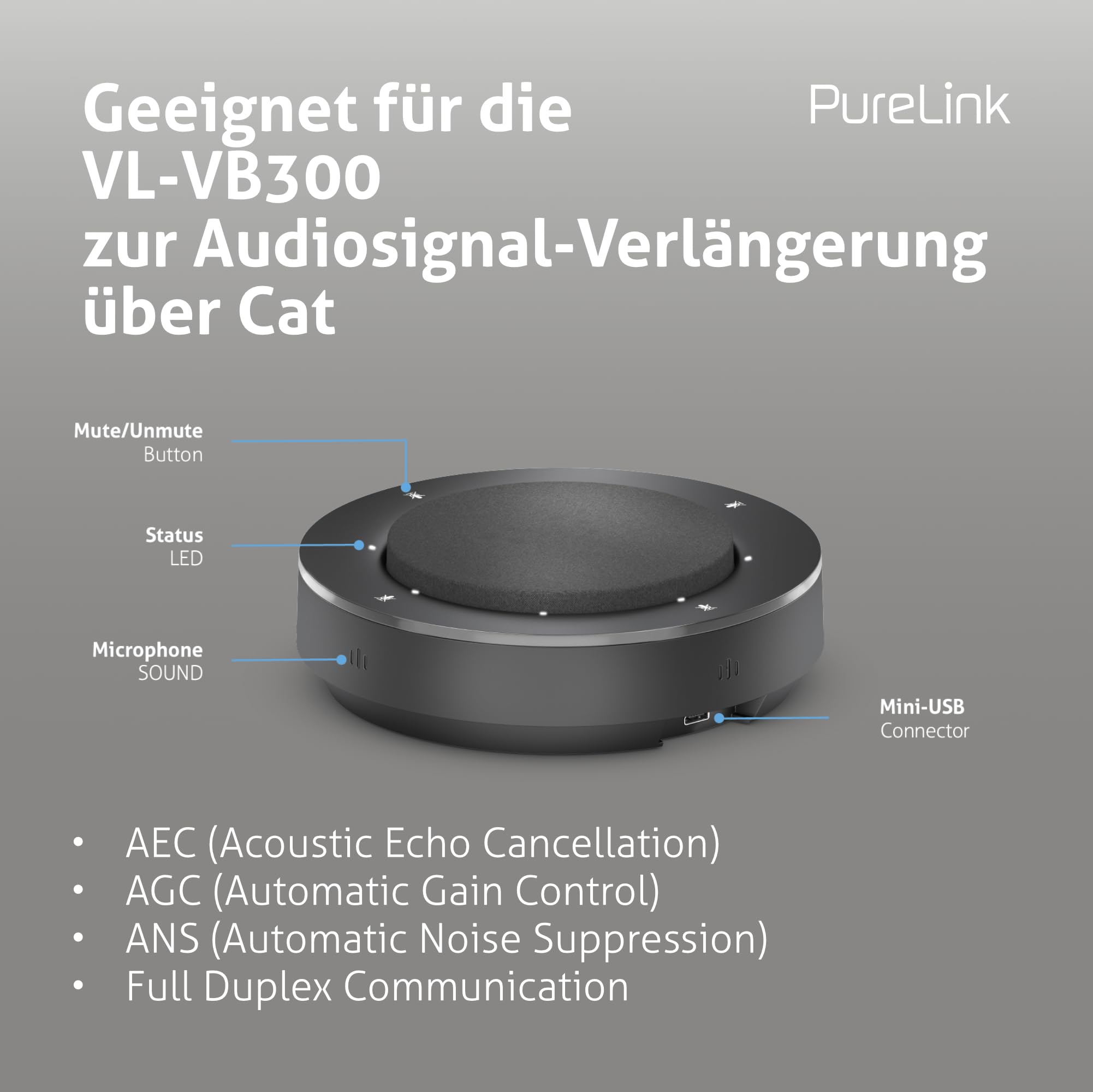 Microfono da conferenza Vuelogic, microfono aggiuntivo di estensione per Vuelogic VL-VB300, plug & play, funzione mute, per sala conferenze, ufficio domestico, ufficio, nero