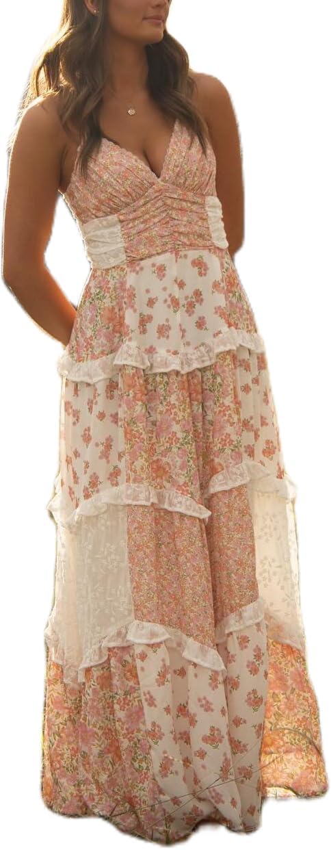 womens Y2k floral smocked maxi dress bowtie shoulder tiered ruffle midi sun dress casual beach long dress