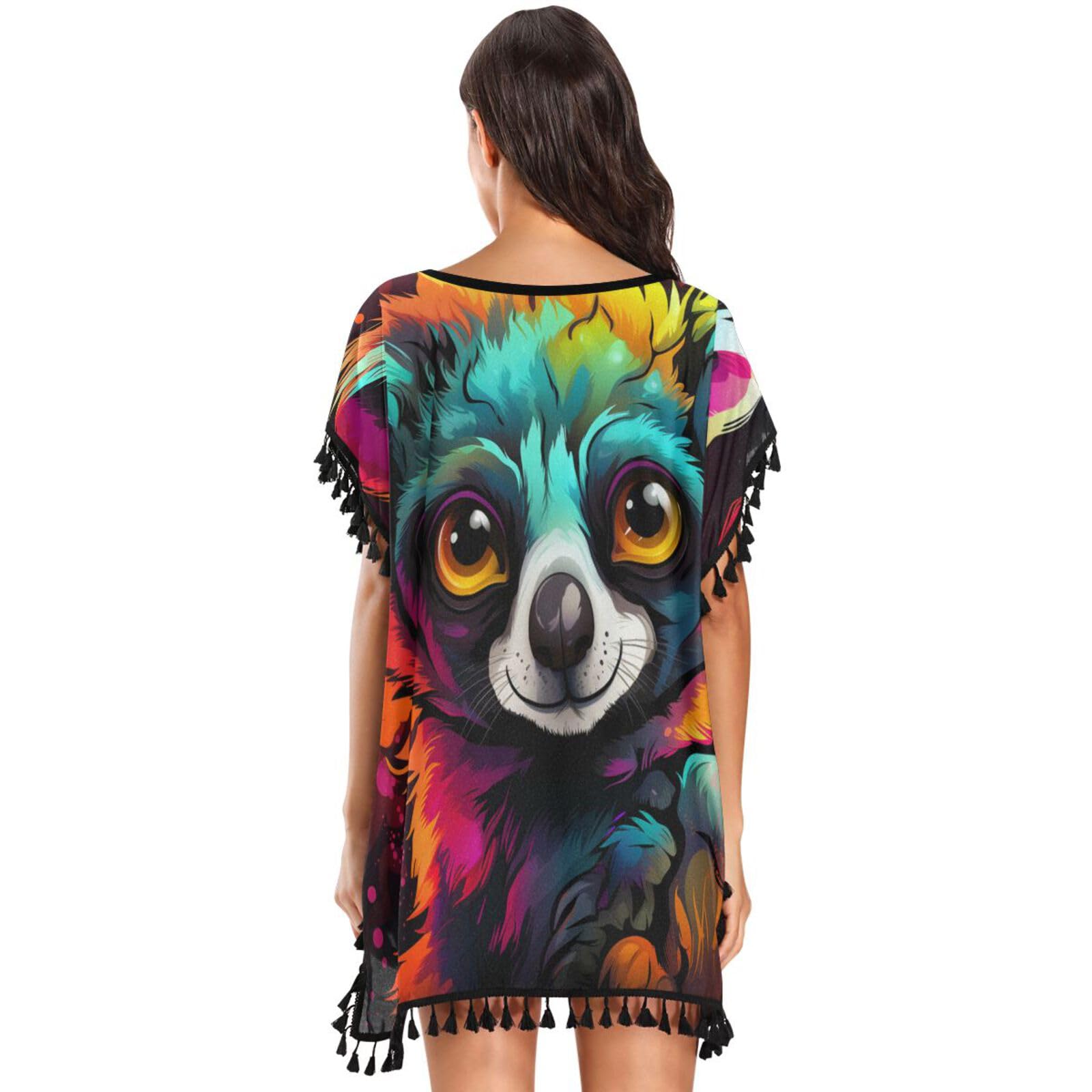 Colorful Art Lemur Monkey Women's Beach Cover Up Chiffon Tassel Swimwear Swimsuit Coverups for Girl