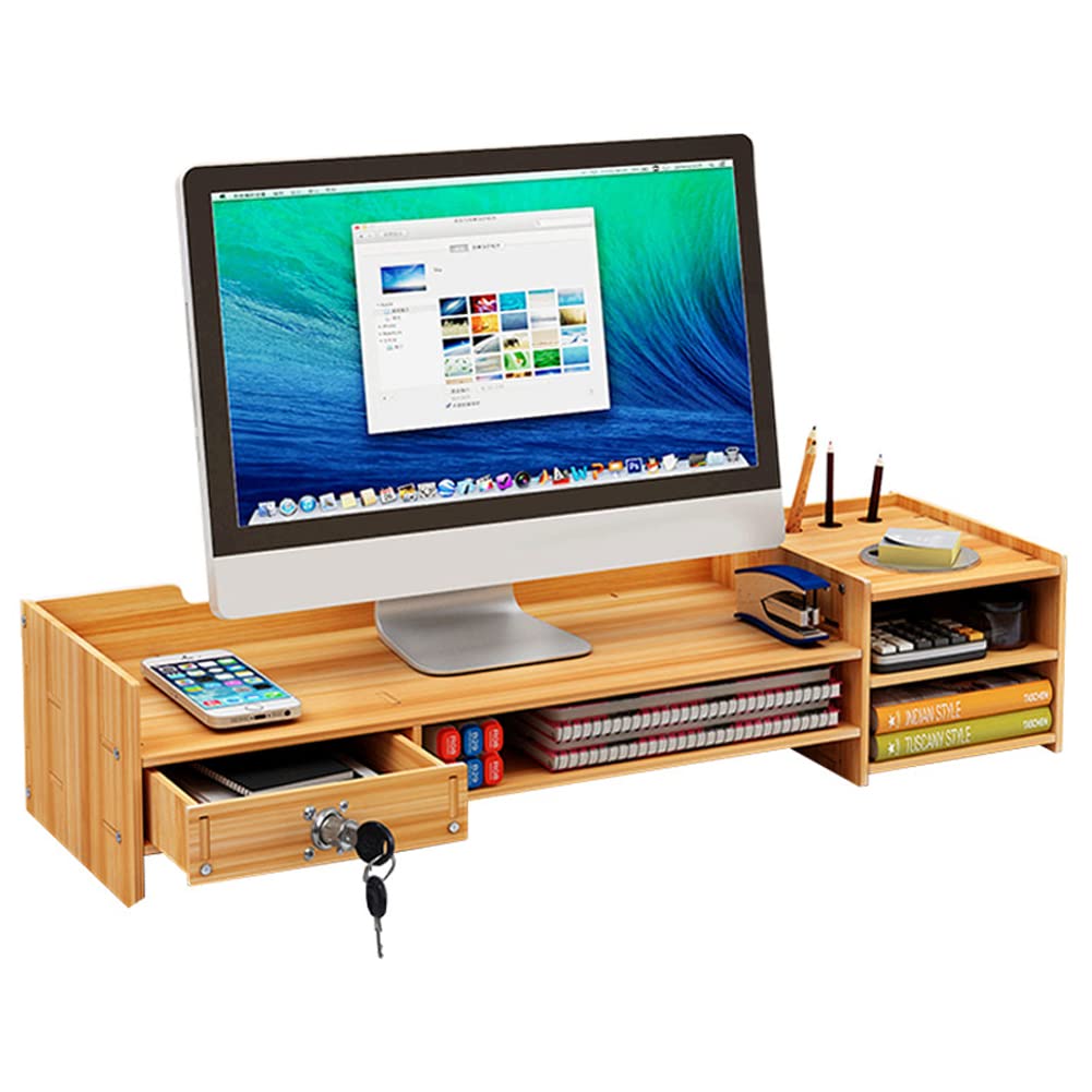 TABOJS Support de Moniteur en Bois avec tiroir verrouillable éère de Rangement pour Bureau, Plate-Forme d'écran pour Ordinateur, PC, Meuble TV