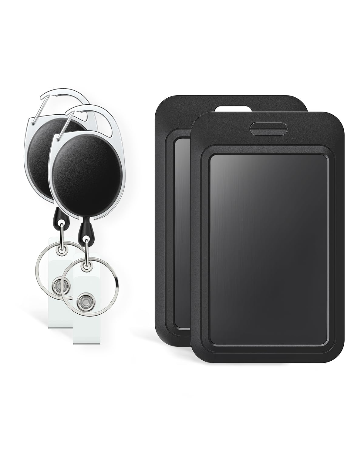 Uniclife 2 Pack Sliding Badge Holder Hard Black Vertical Plastic Card Case Protector with Retractable Badge Reel Carabiner for Office School ID Credit Proximity Key Card Driver’s License and Pass