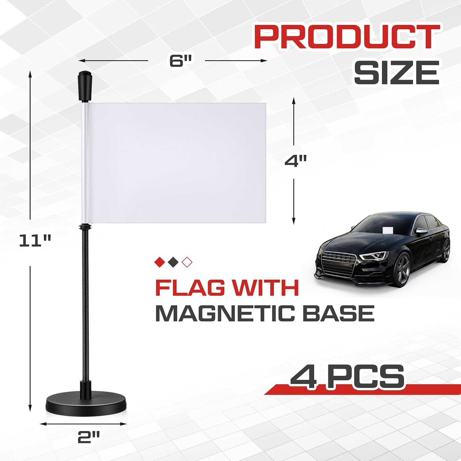 4 Pcs White Magnetic Flags for Cars with Pole Magnetic Base Double-sided Flag for Car Antenna Roof Mount Truck Vehicle Decor Accessories Outdoor Using This to Find Your Car (4" X 6",11" H) image 3