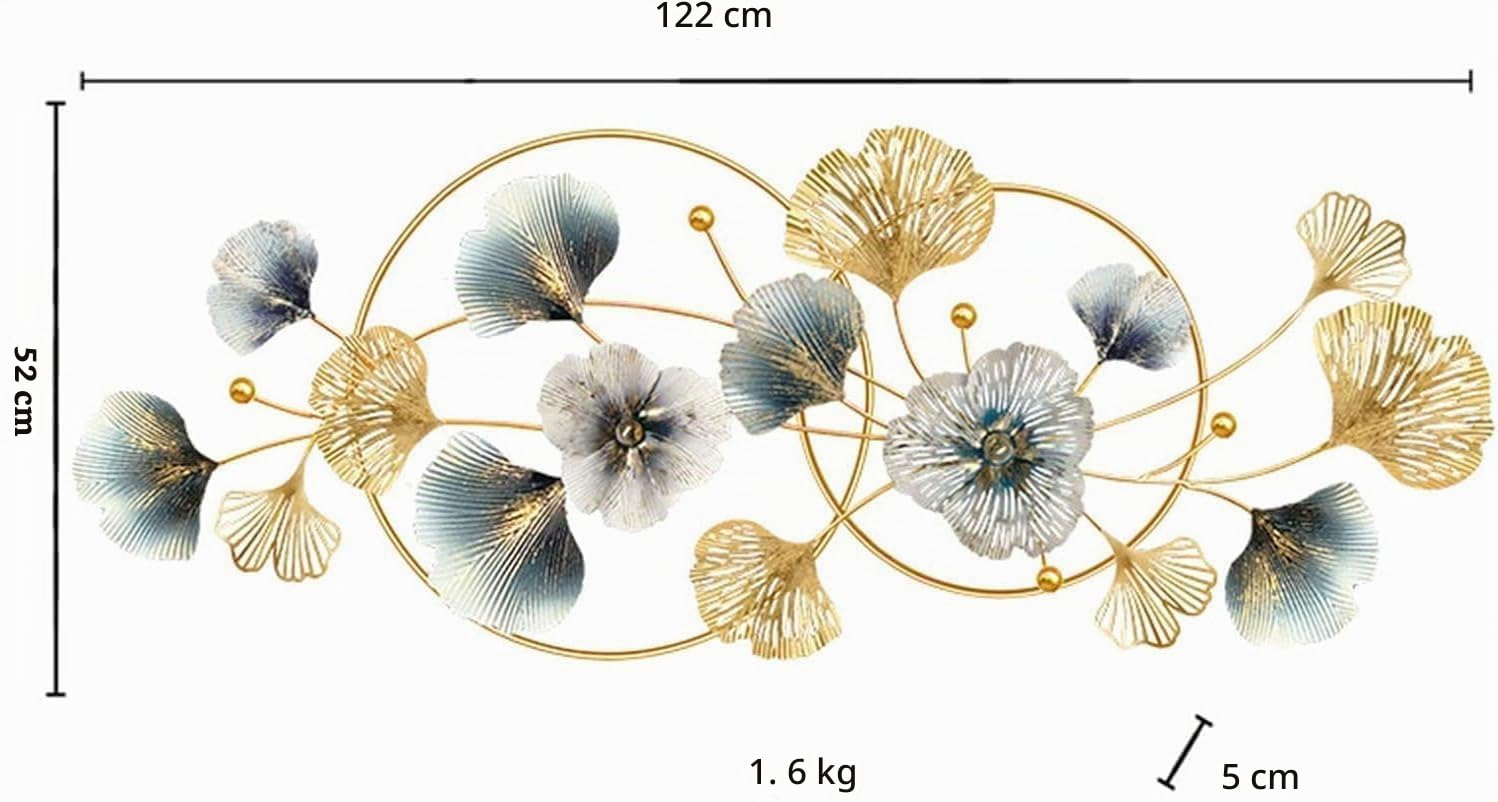 Genérico Decoración de pared de metal, arte de pared de metal para sala de estar, hojas azules doradas hechas a mano, escultura de dimensional 3D, decoración de para el hogar, 48 pulgadas
