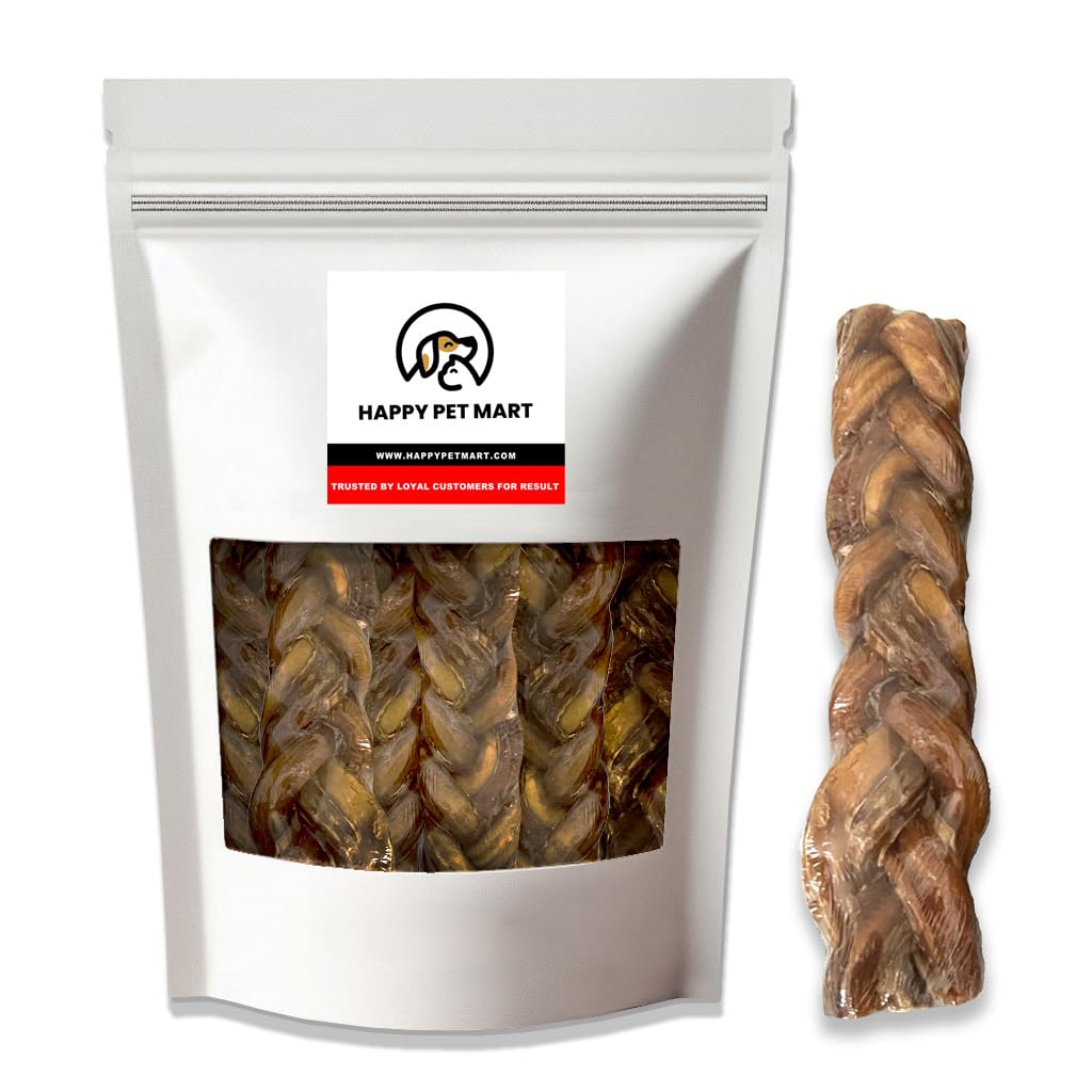 HAPPY PET MART Natural Dog Treats - Single-Ingredient - 100% digestible (Pack of 10, 9" Braided Bully Sticks)