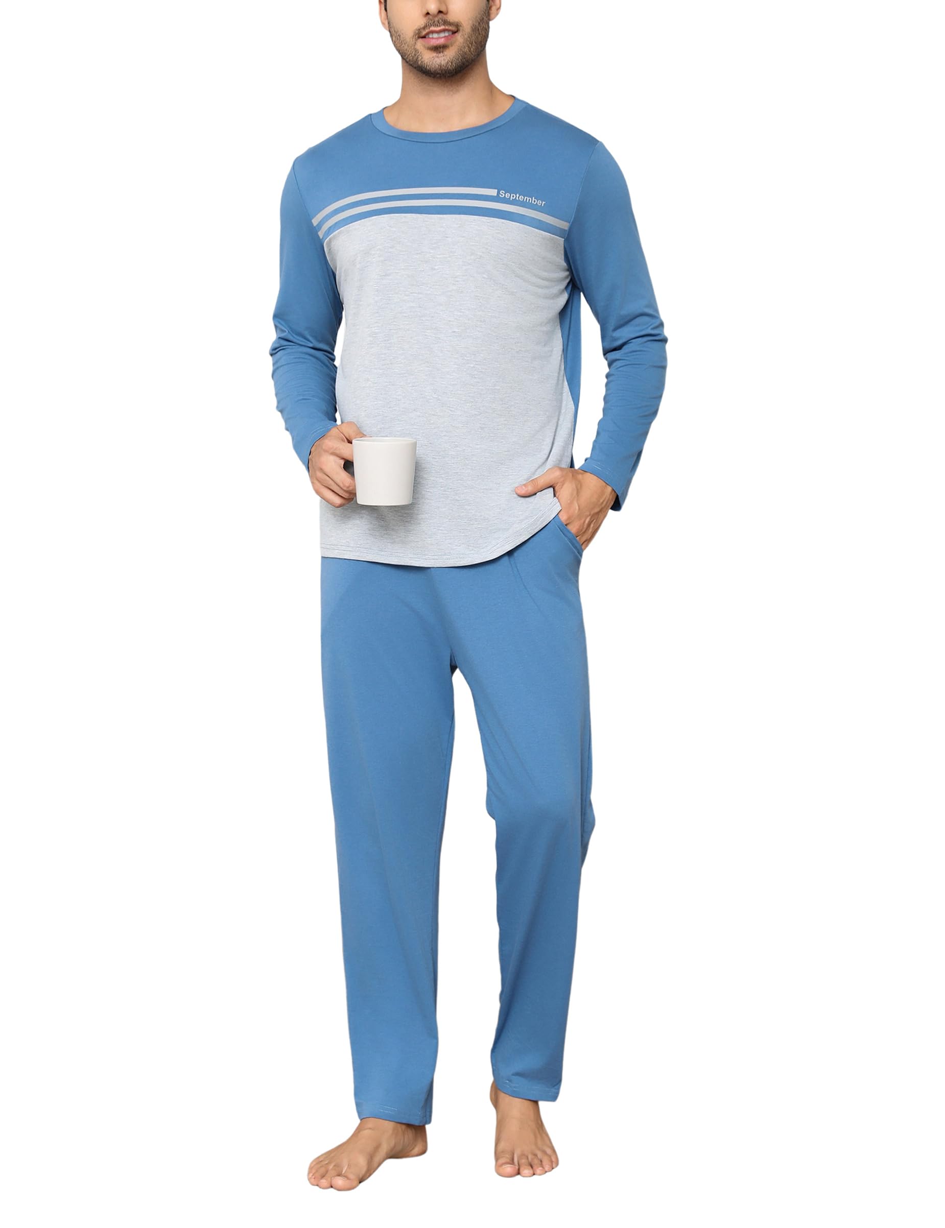 Pijamas Hombre Invierno Conjuntos de Algodón Pijama Cálidos Manga Larga Ropa de Dormir Cuello Redondo Ropa de Salón Dos Piezas