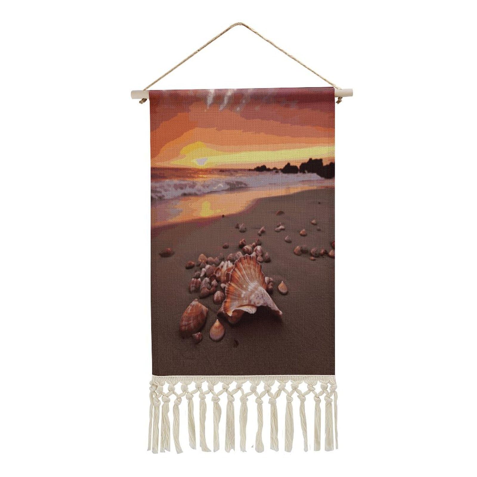 Adfgyerh Style Shell Beach Sunset Tapestry With Tassels Cotton And Linen Hanging Posters, Wall Art For Travel Gift, Wall Tapestry For Office Home Decor Bedroom Living Room Decor