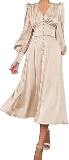 Women's Puff Sleeve Satin Maxi Dress Long Lantern Sleeve Button Down Ruffle Single Breasted Vintage Midi Dresses - Buy now