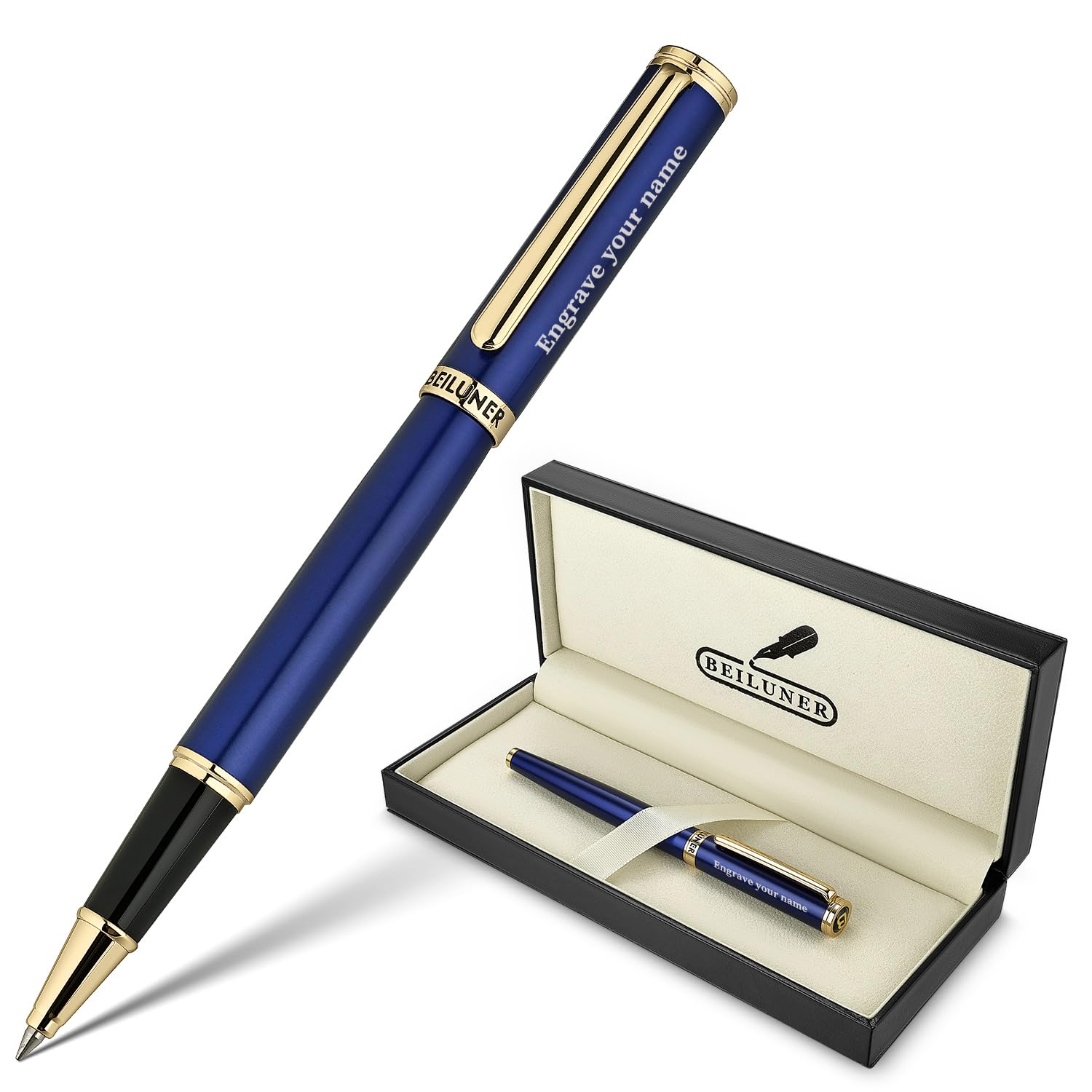 BEILUNER Blue Personalized Pen,Stunning Luxury Lacquer With 24K Gold,Schneider Ink Refills,Multiple Fonts To Custom Rollerball,Gift Pen For Men &amp; Women,Executive,Graduation,Christmas,Nice Fancy Pens