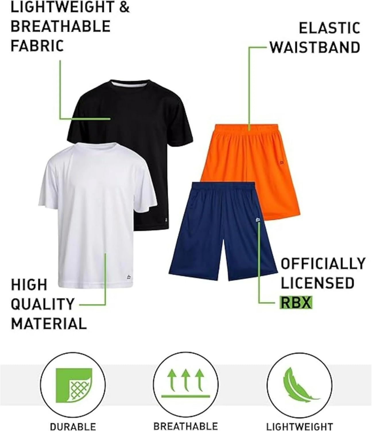 RBX Active Boys Short Sets - 4 Piece Dry Fit Performance Crewneck Short Sleeve T-Shirt and Shorts Boys Athletic Sets (8-20) - Image 2