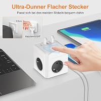 Cub prelungitor EROIZNY cu 3 prize, încărcător USB-C cu 2 porturi USB-C și 2 porturi USB-A, cu întrerupător, cablu de 2 m, ștecher plat magnetic, alb, pentru telefoane 5