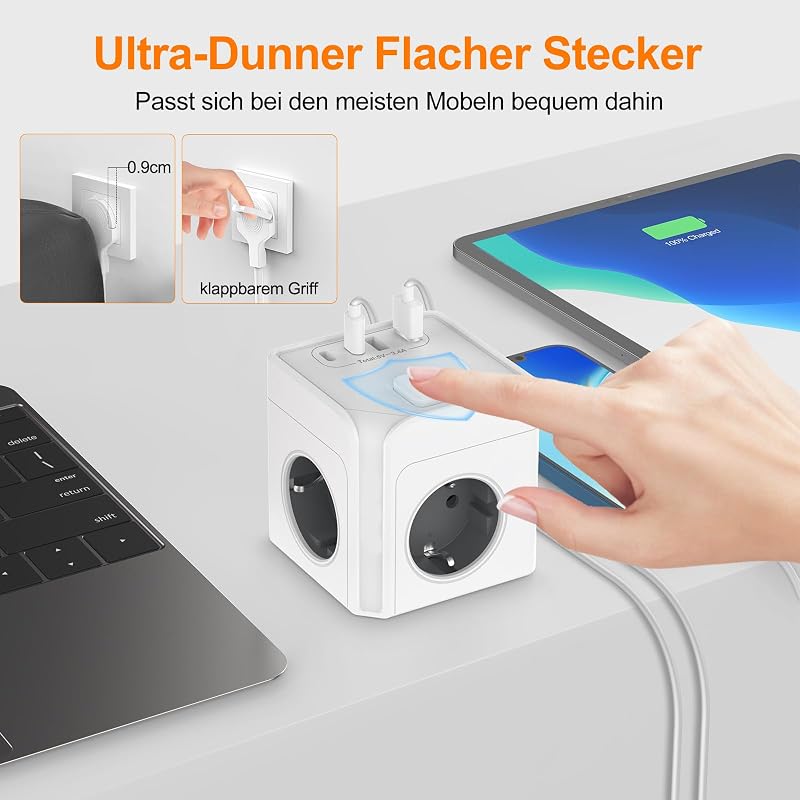 Cub prelungitor EROIZNY cu 3 prize, încărcător USB-C cu 2 porturi USB-C și 2 porturi USB-A, cu întrerupător, cablu de 2 m, ștecher plat magnetic, alb, pentru telefoane