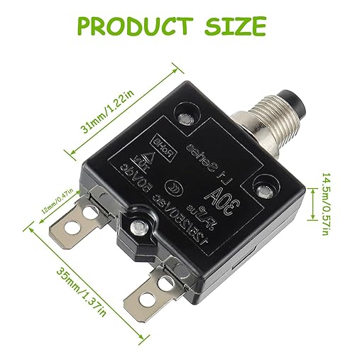 Vista 29 de Disyuntor de botón de reinicio manual de 15 A, 125/250 V, CA, 50 V, CC, protector de sobrecarga térmica con terminales de conexión rápida y tapas