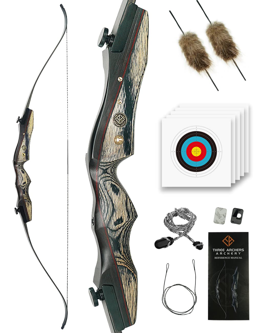 THREE ARCHERS Archery Recurve Bow Set Takedown Wooden Bow 62” Right Hand Hunting & Target Bow for Outdoor Archery Sport 30lbs-50lbs