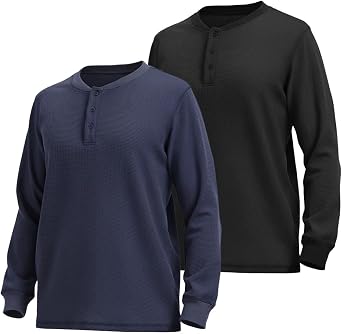Liloak Henley Shirts for Men 2 Pack Long Sleeve Waffle Knit Thermal Shirts