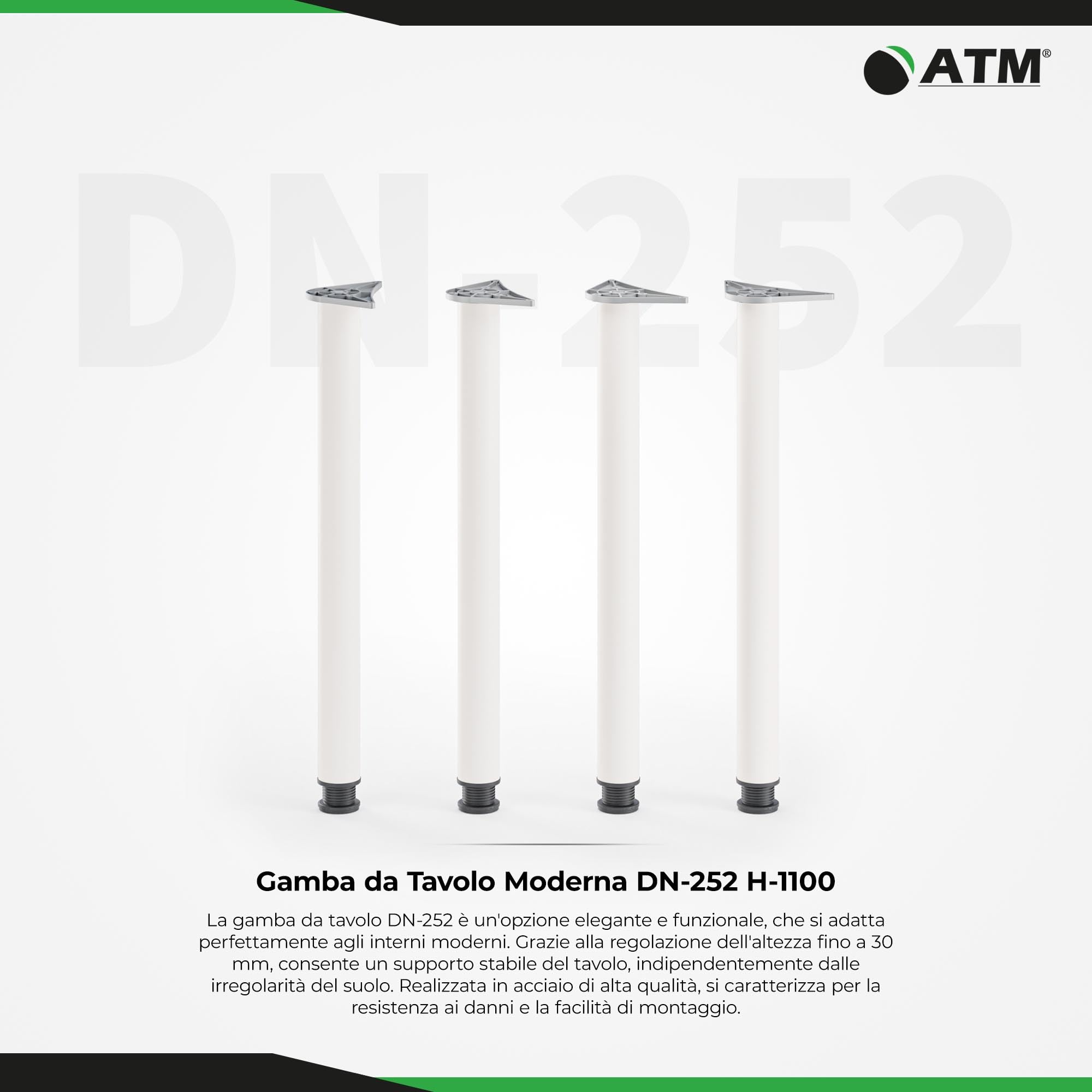 ATM Set di 4 Gambe per Tavolo 110cm Regolabili in Altezza Metallo Piedini per Mobili Ø 60mm Gamba per Tavolo Cucina Banco Lavoro Supporto Cilindrico - Bianco