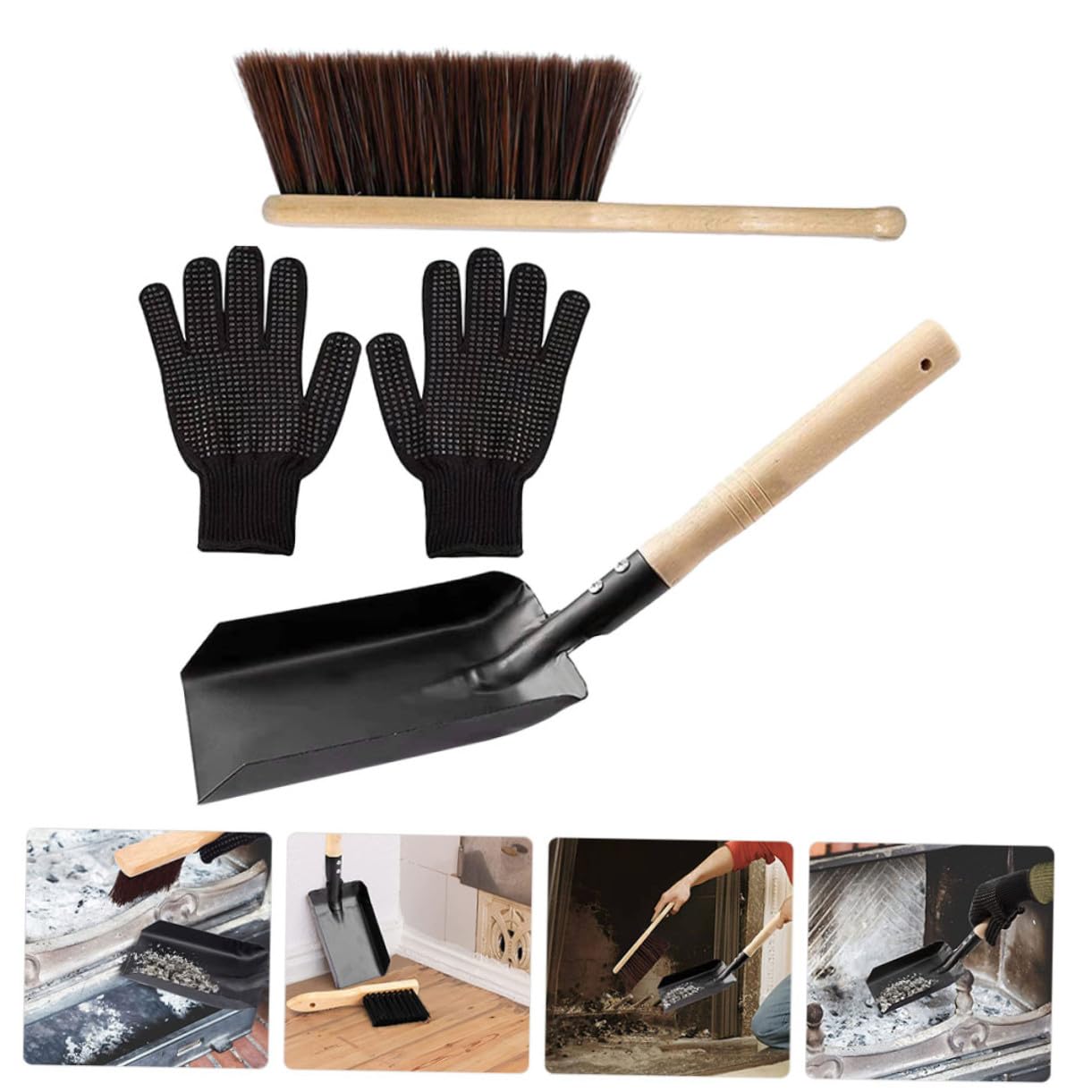 Set Strumenti per Caminetto Paletta in Acciaio al Carbonio e Scopa a Setole Marroni, Impugnatura Comoda e Facile da Riporre per Pulizia Casa e Stufa