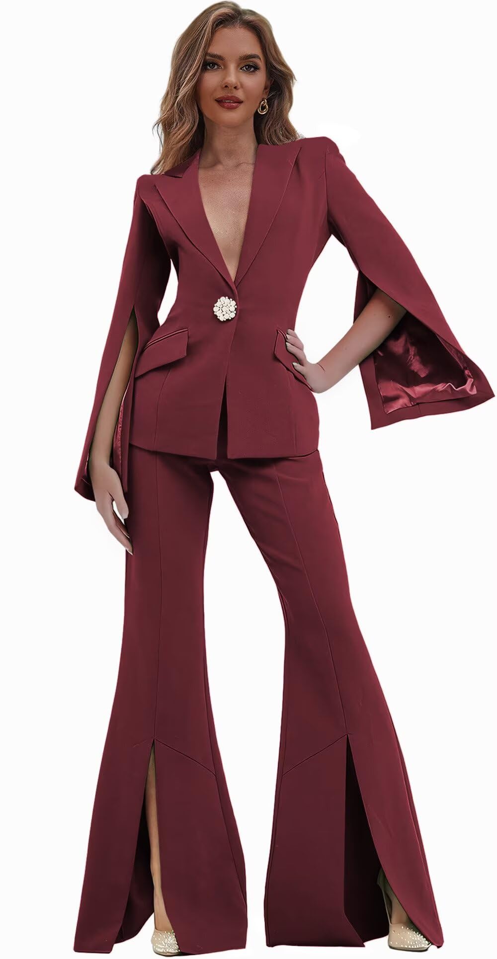 Womens Suit 2 Piece Set Business Blazer Bell Bottoms Casual Sleeve Placket Suit Peak Lapel Prom Tuxedo for