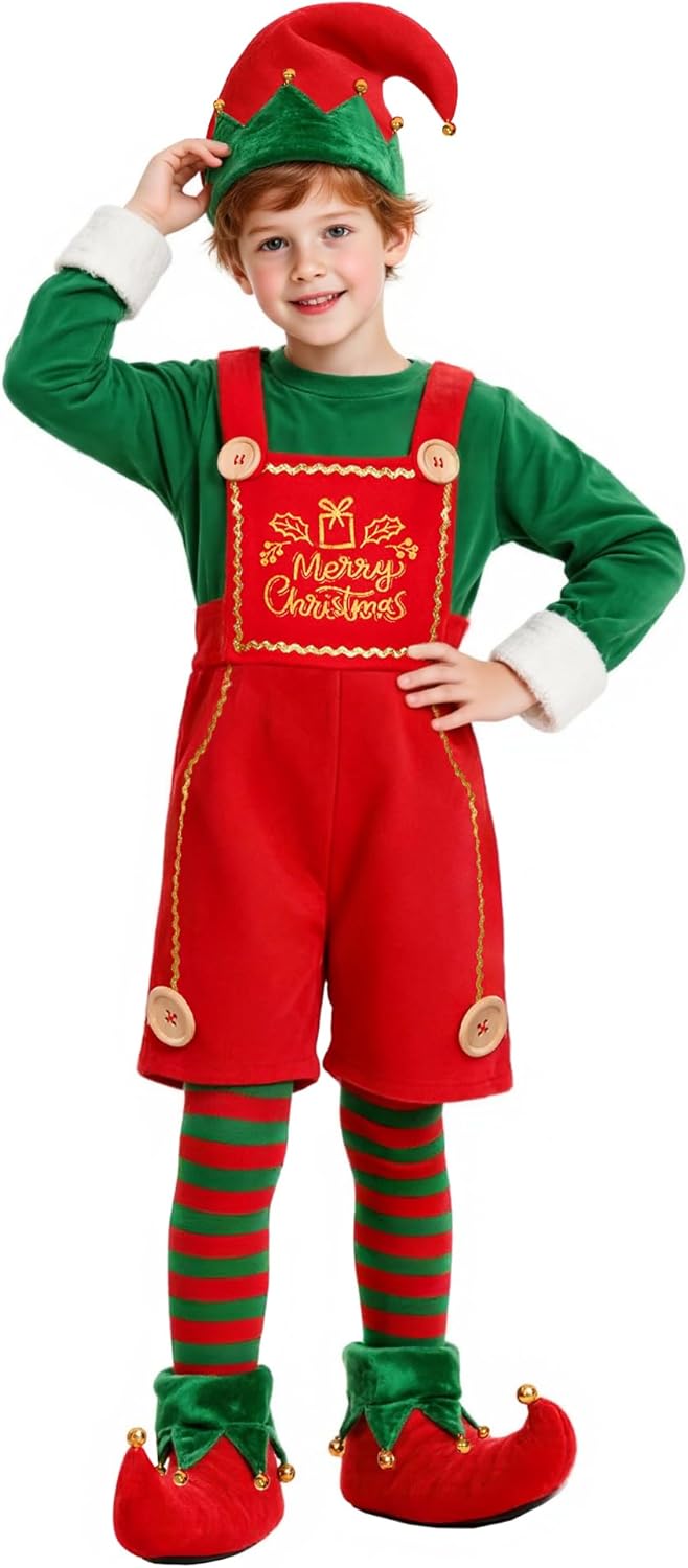 Kids Christmas Elf Costume Set Girls Holiday Elf Dress with Elf Hat Shoes Socks Red 5-6 Years