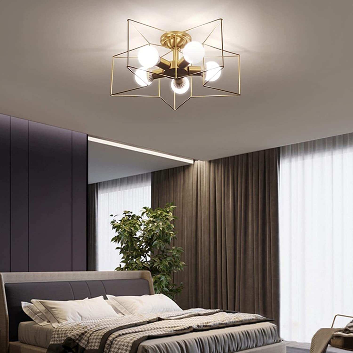 ZAANUGolden Chandelier Nordic Bedroom Ceiling Lamp All Copper Five-Pointed Star Simple Style Ceiling Lamp Post-Modern Creative Study Porch Porch Light