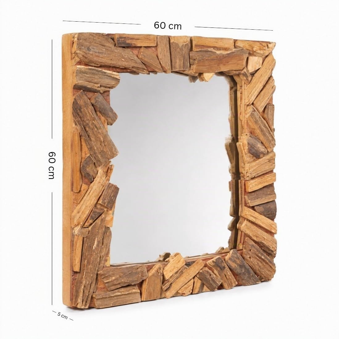 Specchio da parete patchwork | 60 x 60 cm, legno massello, naturale, specchio quadrato per corridoio, specchio in legno, specchio da bagno, specchio per camera da letto