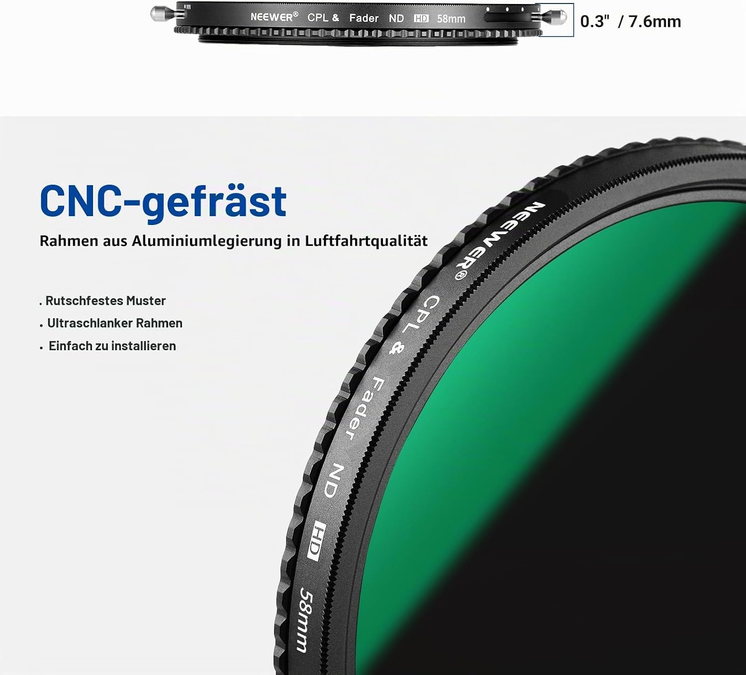 Neewer 2 in 1 58mm Variable ND Filter ND2-ND32&CPL (Zirkular Polfilter) No X Cross Variabel Graufilter HD optisches Glasagiges Nano beschichtetes wasserabweisend Kratzfest – Bild 6