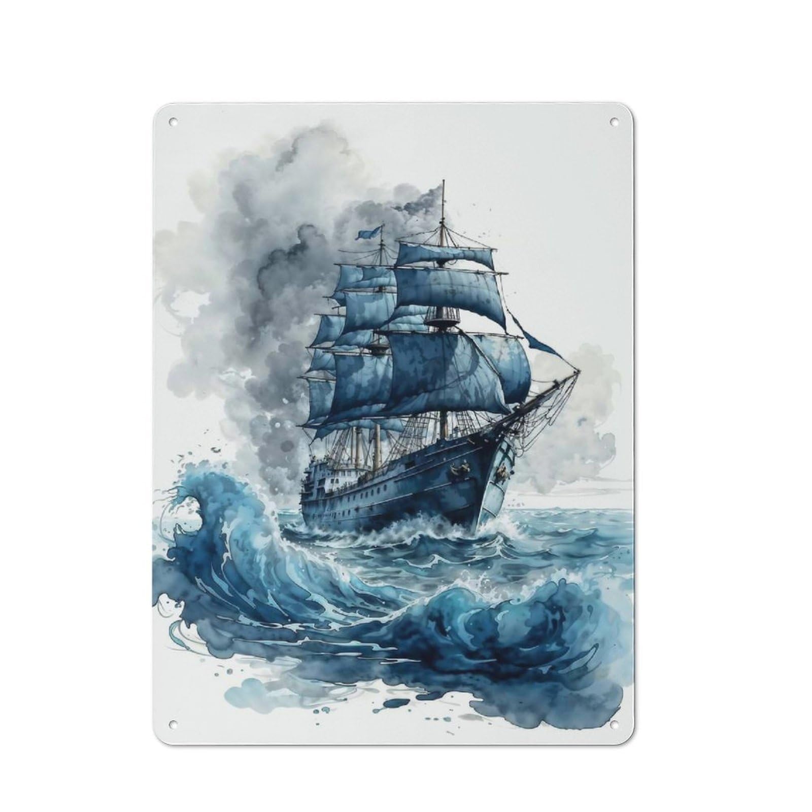 Junmoney Watercolored Sailing Ship Nostalgic Decorative Tin Sign 40X30cm Featuring Old Style Wall Plaque For Kitchen, Hallway, Bar Or Small Cafe