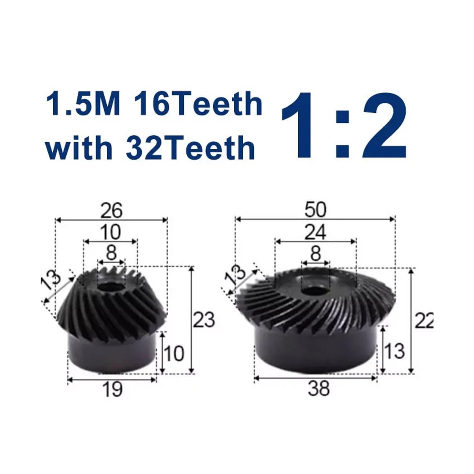 Bevel Gears 1 Set 45# Steel 1.5M 16T to 32T Spiral Bevel Gear M1.5 Modulus 1:2 90 Degrees Differential Gear Same Ratio Diameter 6mm 8mm Hole