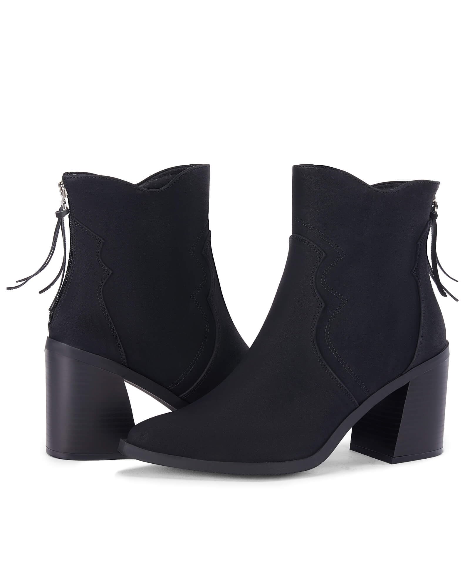 Coutgo Womens Ankle Cowgirl Boots Chunky Block Heel Pointed Toe Stitching Western Cowboy Winter Booties, Black, Size 8